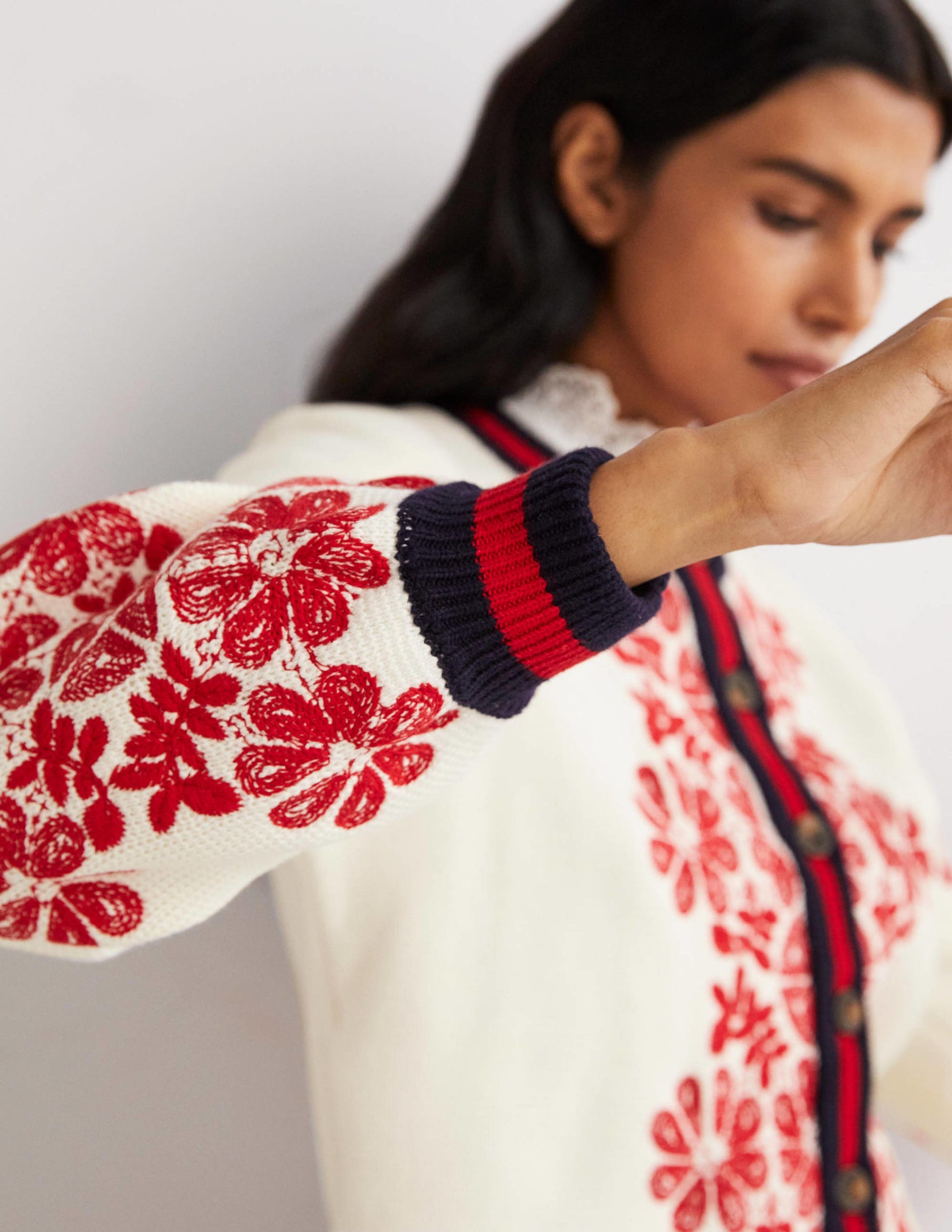 Knitted Bomber Jacket-Ivory, Red Embroidered-5