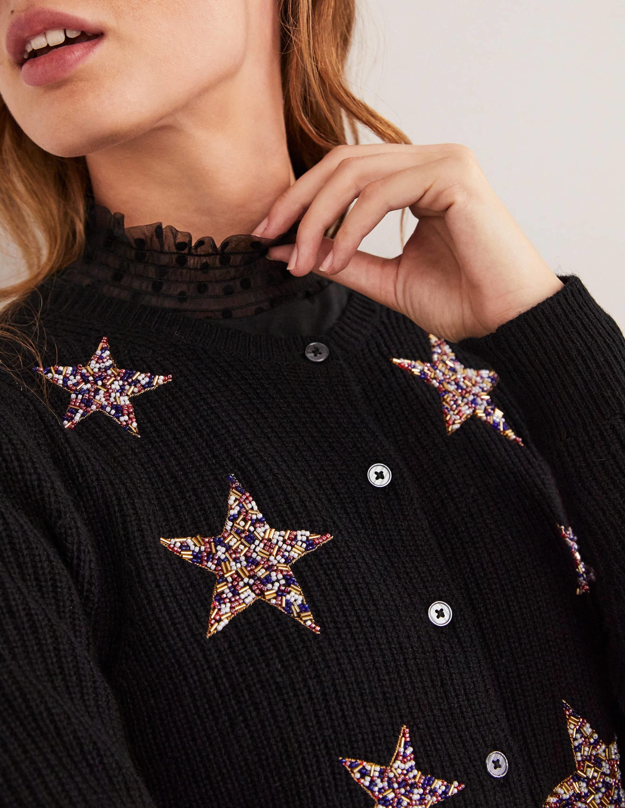Black Star-Embellished Ribbed Cardigan-Black, Embellished Stars - Image 2