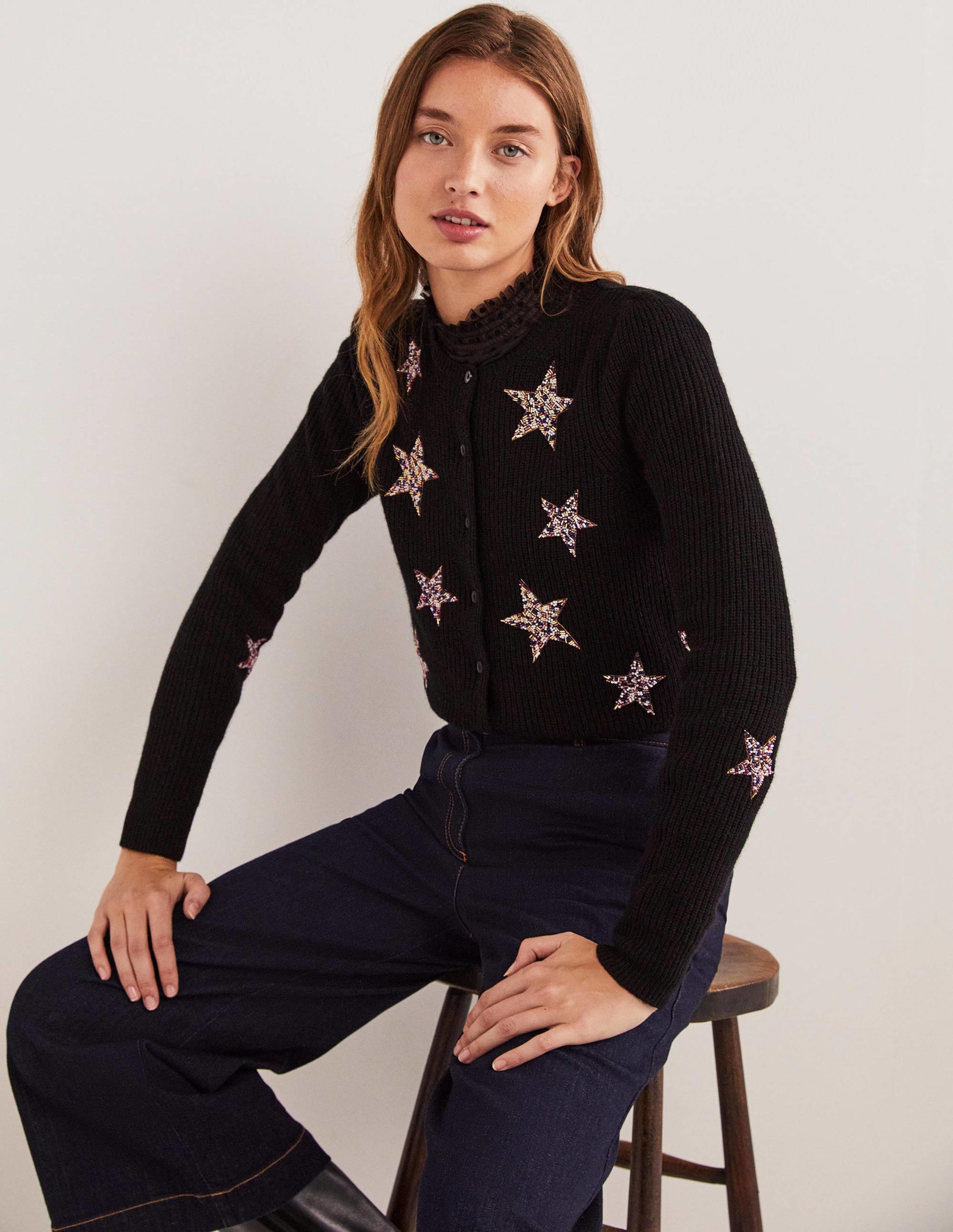 Black Star-Embellished Ribbed Cardigan-Black, Embellished Stars - Image 4