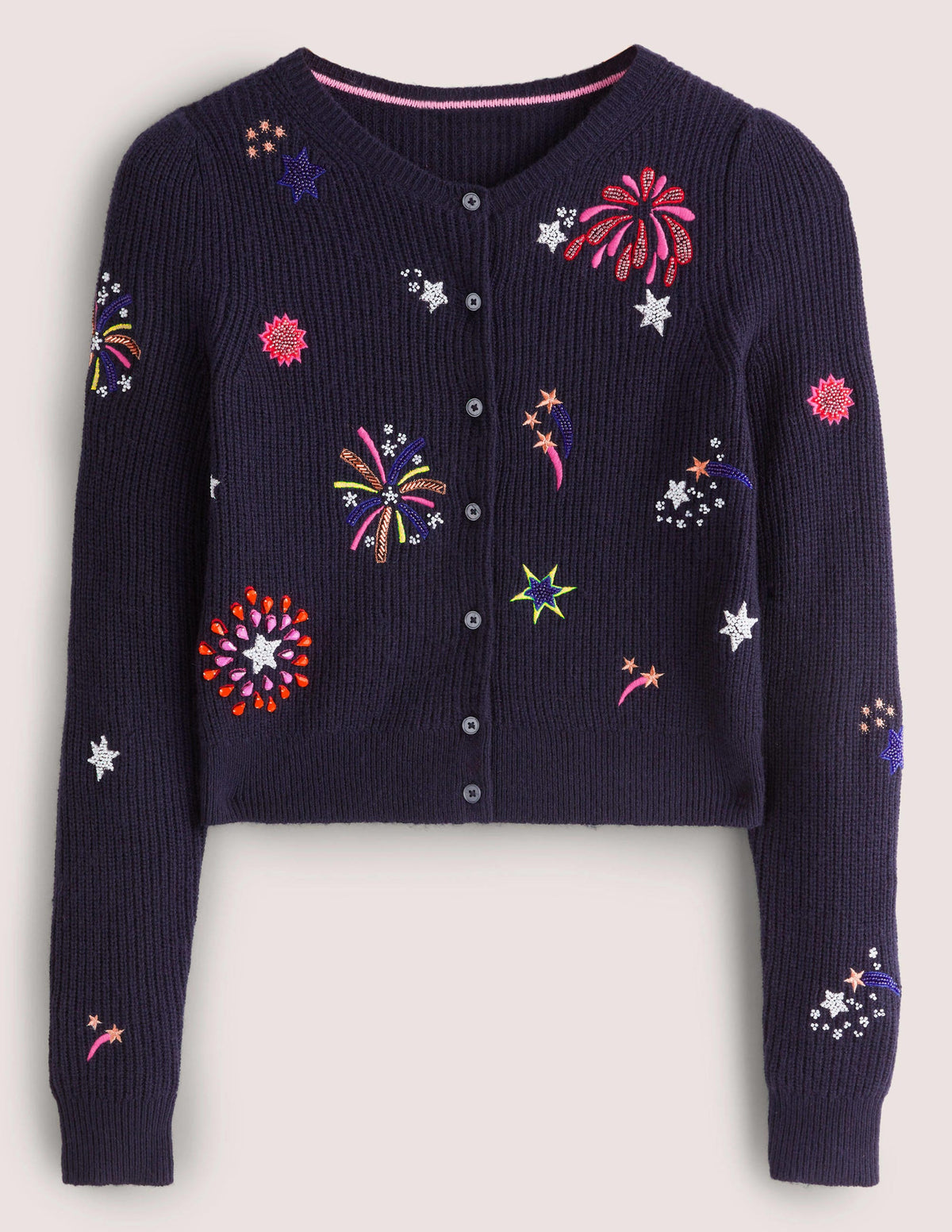 Navy Fireworks-Embellished Ribbed Cardigan-Navy, Embellished Fireworks - Image 5