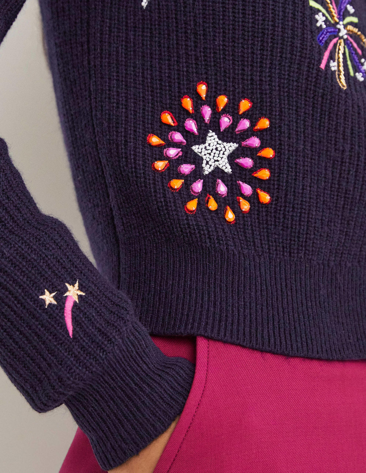 Navy Fireworks-Embellished Ribbed Cardigan-Navy, Embellished Fireworks - Image 4