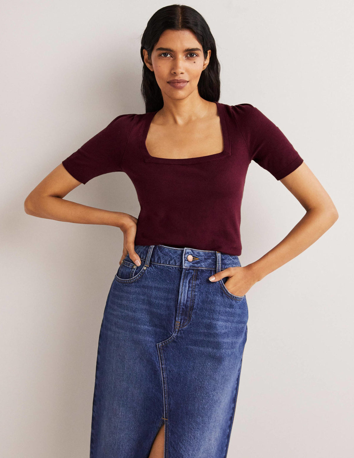 Cotton Square Neck Knitted Top-Berry - Image 1