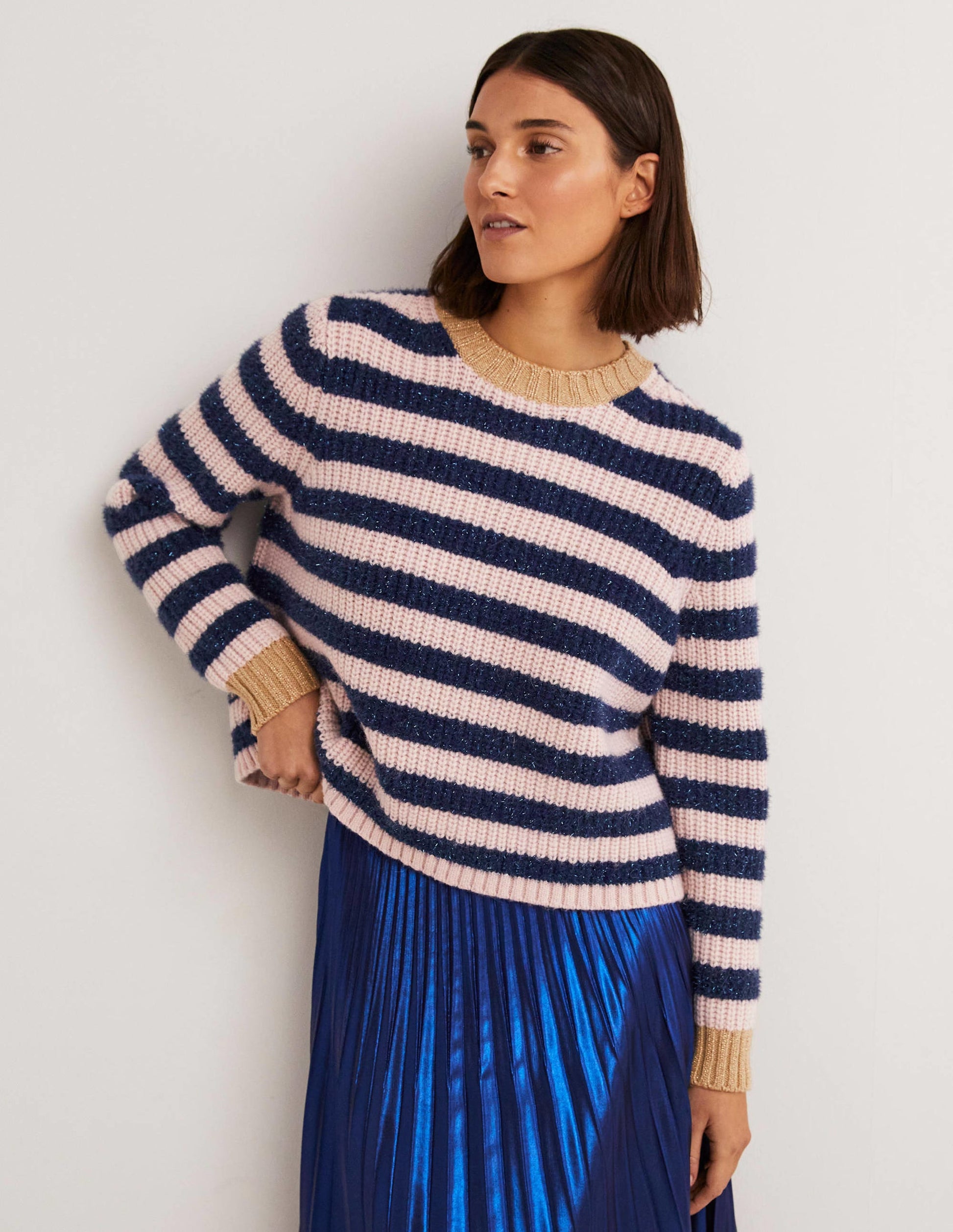 Navy Sparkle Stripe Ribbed Sweater-Navy, Pink Tinsel Stripe-1