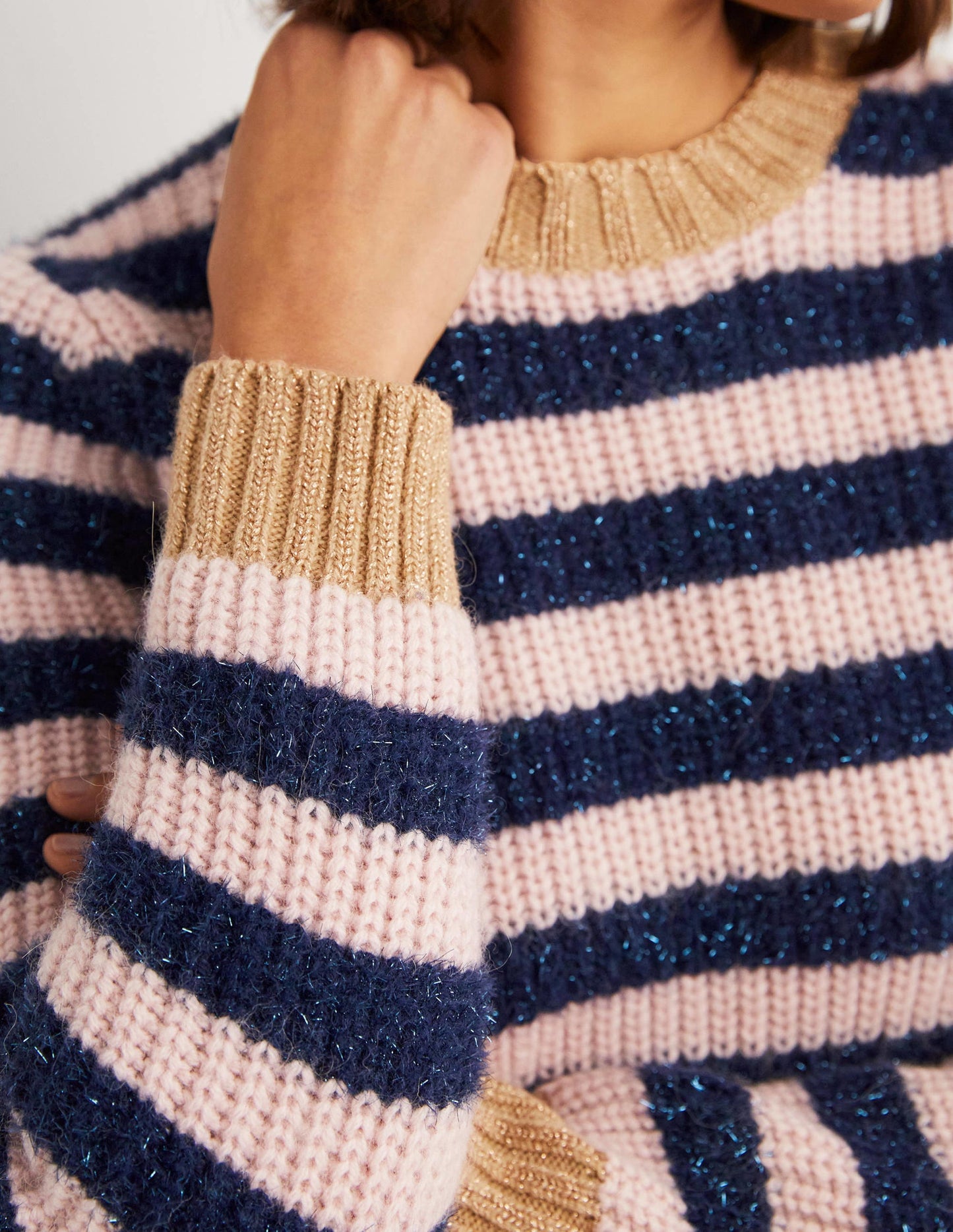 Navy Sparkle Stripe Ribbed Sweater-Navy, Pink Tinsel Stripe