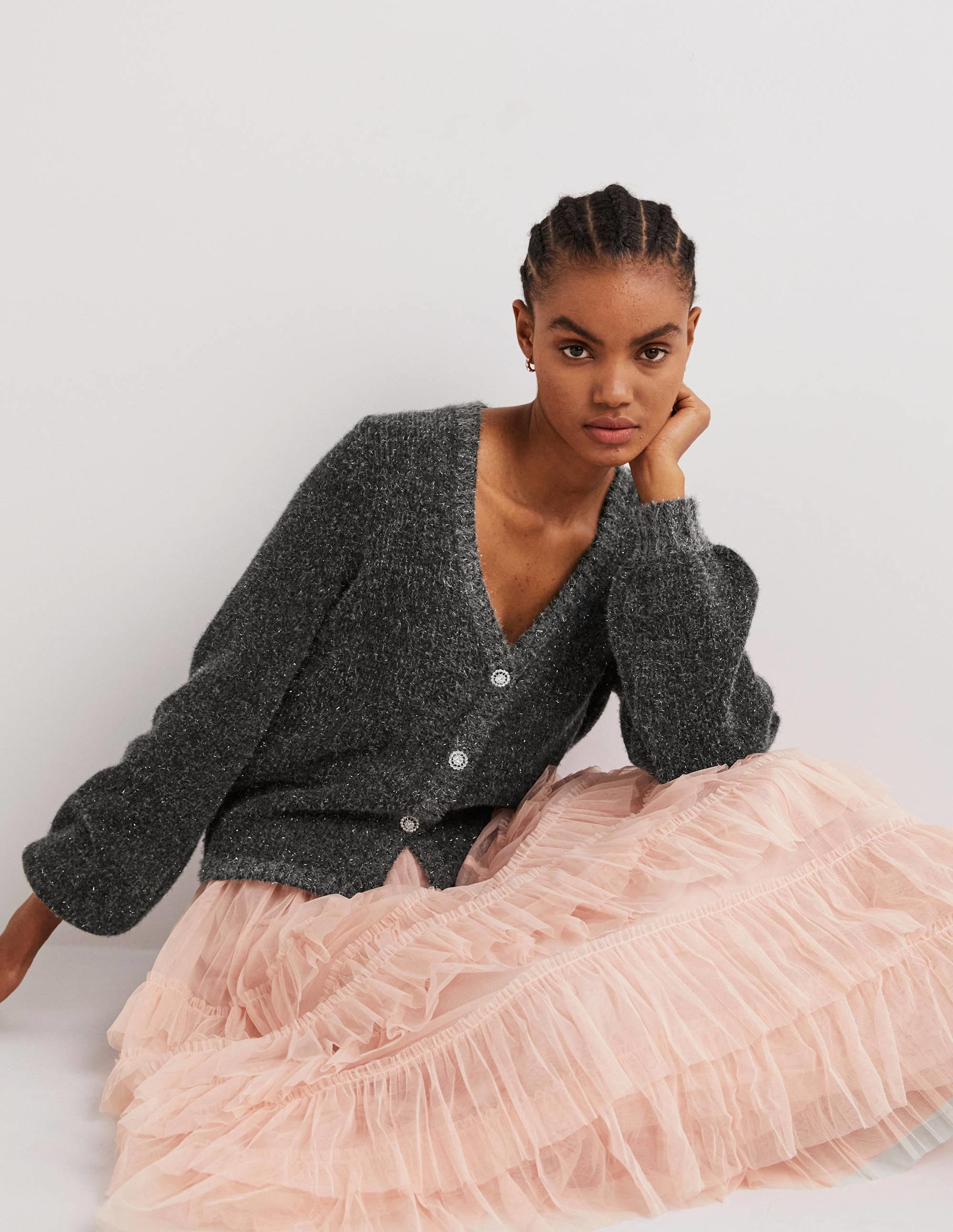 Metallic Fluffy Cardigan-Charcoal Melange, Silver - Image 1