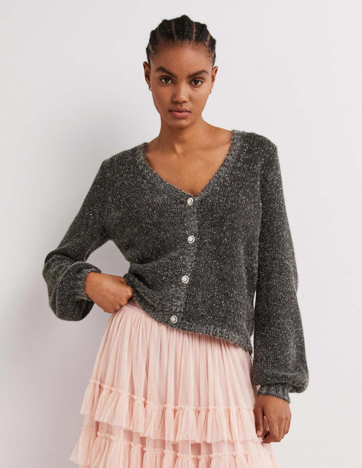 Metallic Fluffy Cardigan-Charcoal Melange, Silver - Image 2