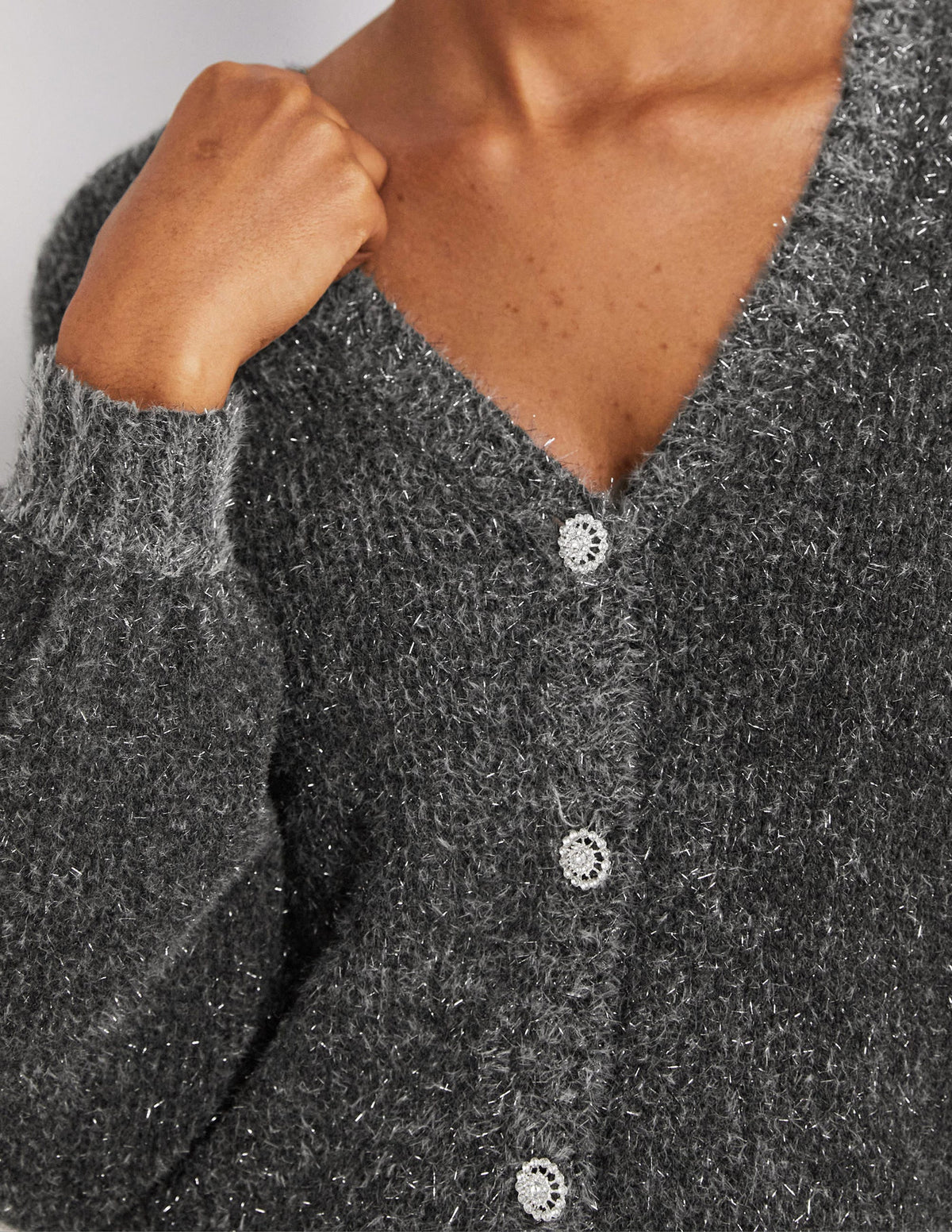 Metallic Fluffy Cardigan-Charcoal Melange, Silver-3