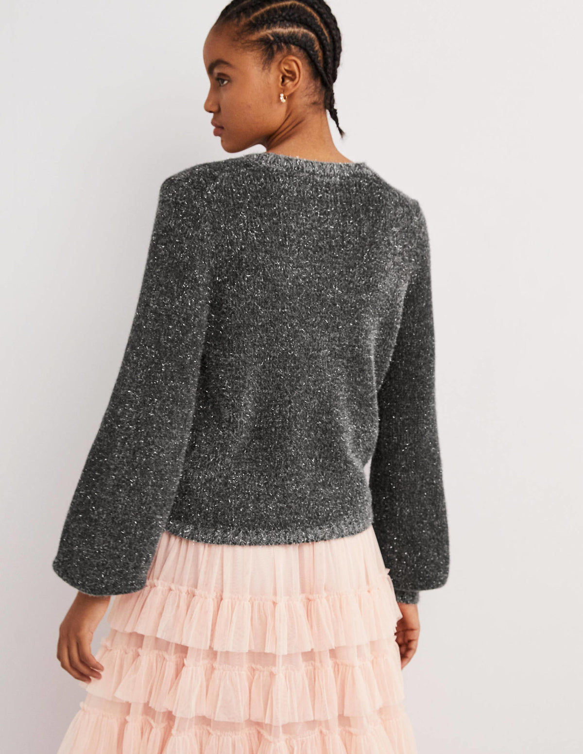 Metallic Fluffy Cardigan-Charcoal Melange, Silver - Image 4