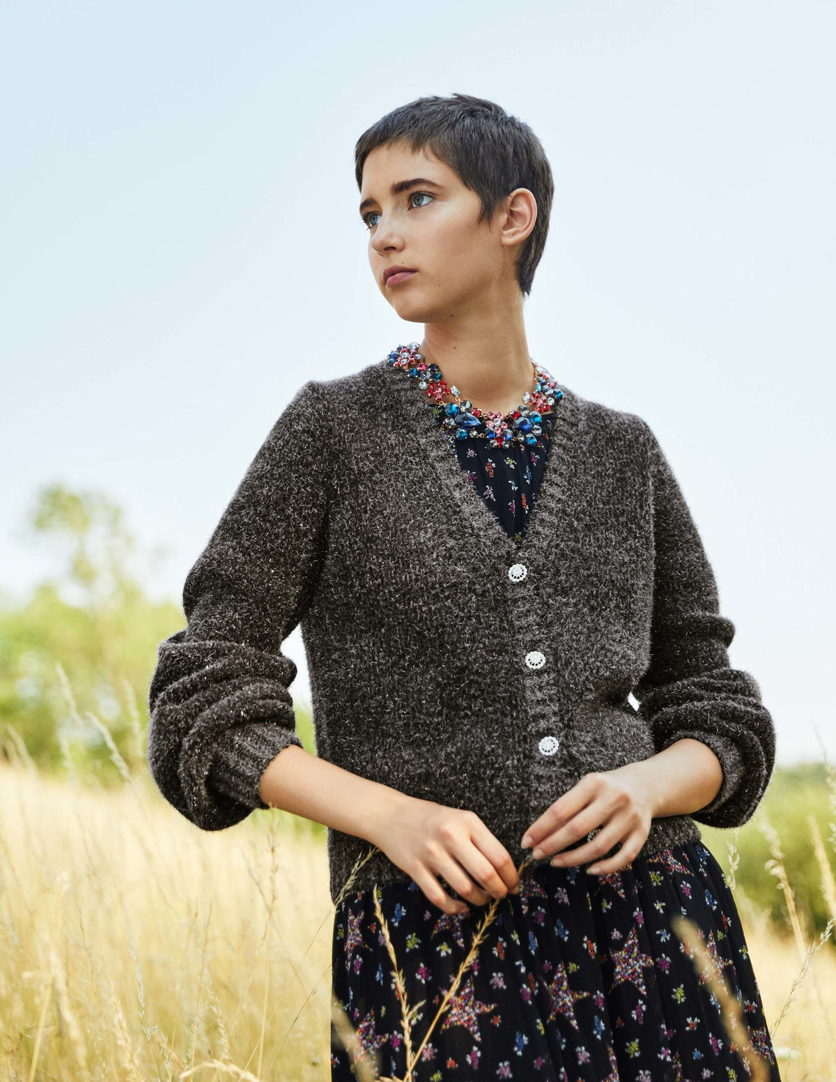 Metallic Fluffy Cardigan-Charcoal Melange, Silver-5