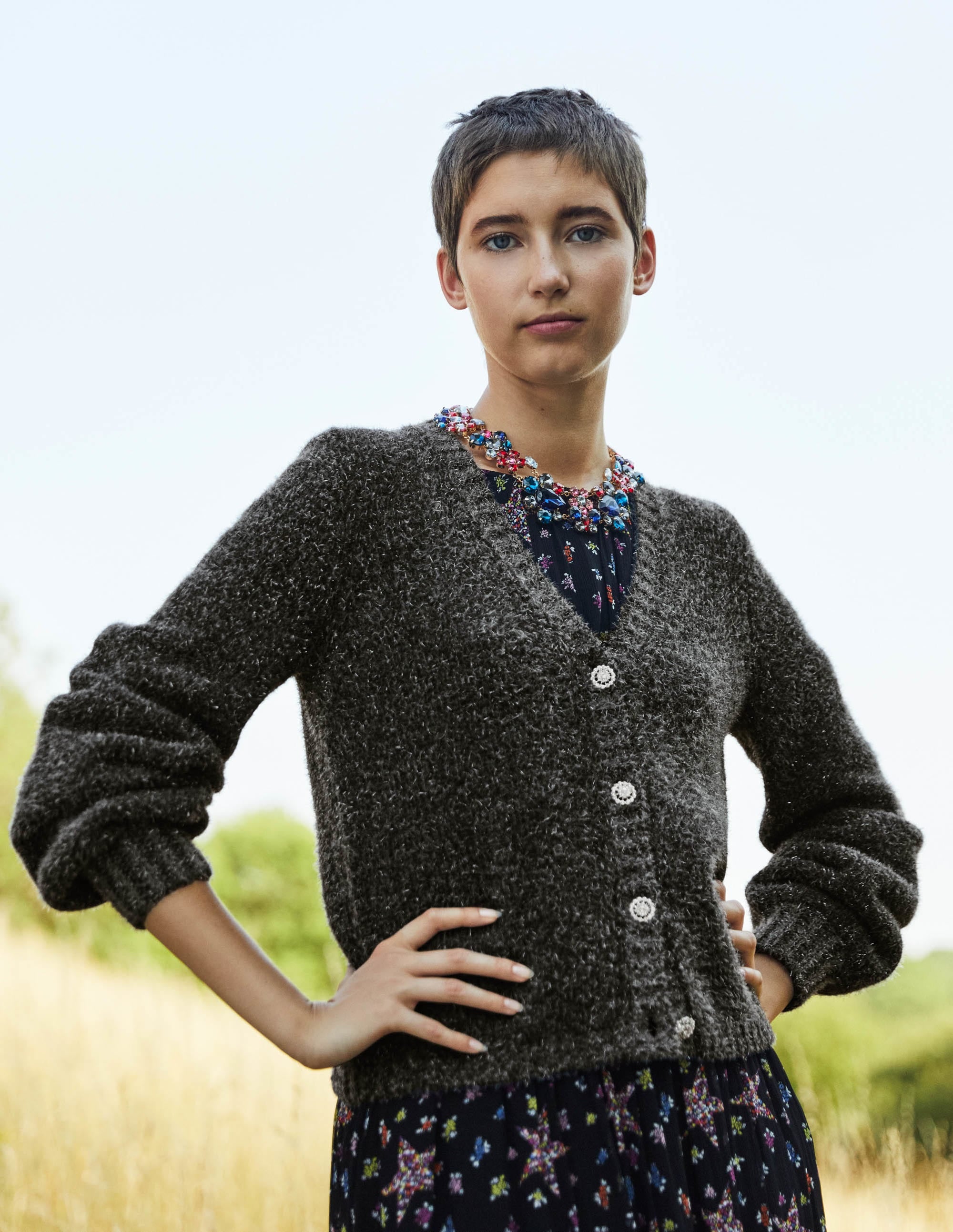 Metallic Fluffy Cardigan-Charcoal Melange, Silver - Image 6