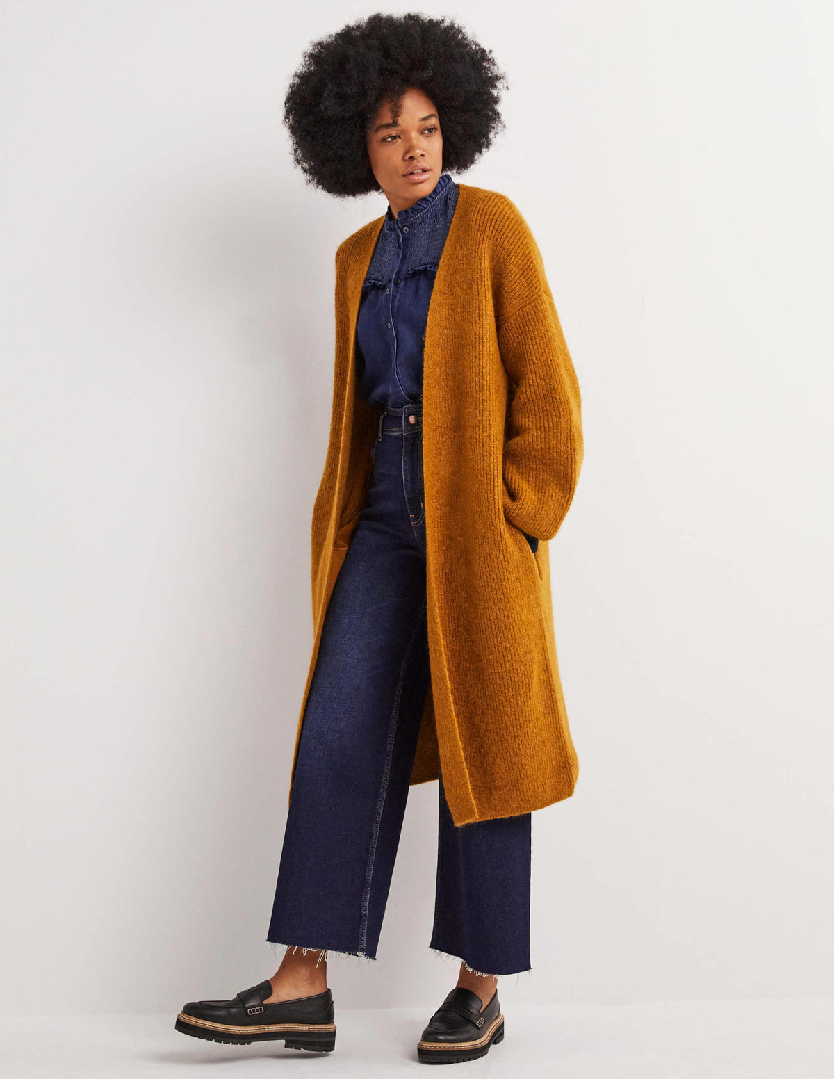 Longline Fluffy Cardigan-Butterscotch Brown, Navy-1
