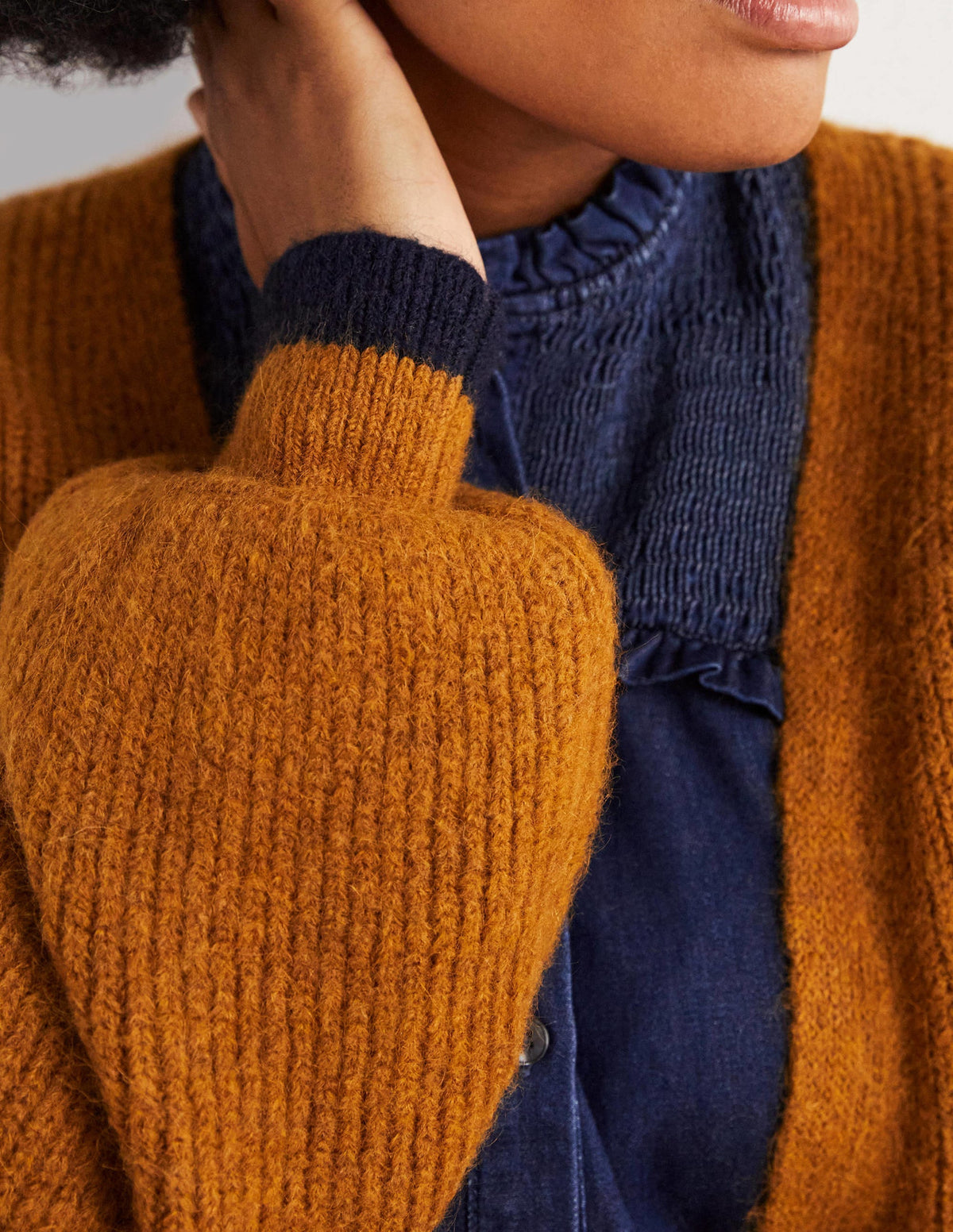 Longline Fluffy Cardigan-Butterscotch Brown, Navy-2
