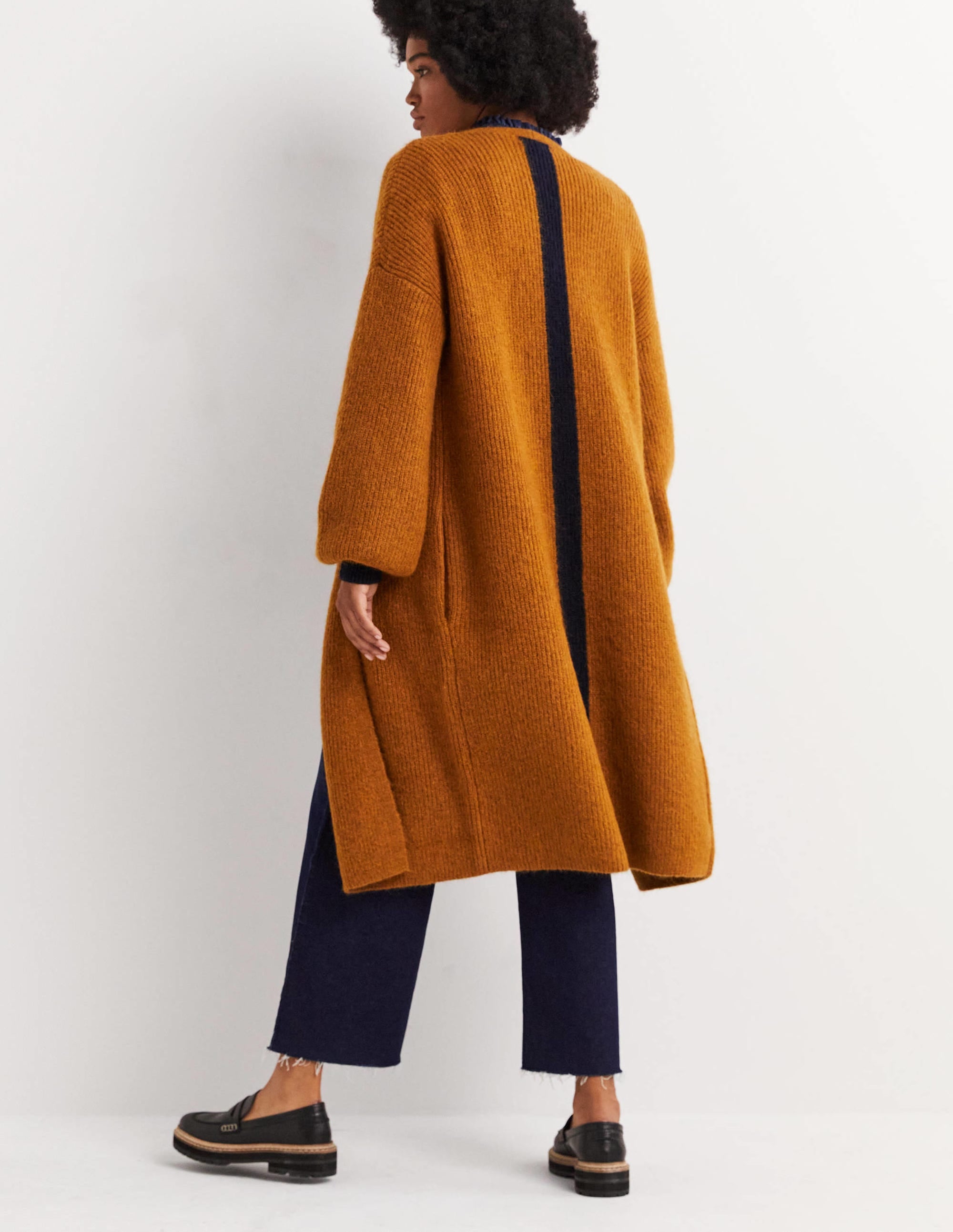 Longline Fluffy Cardigan-Butterscotch Brown, Navy - Image 3