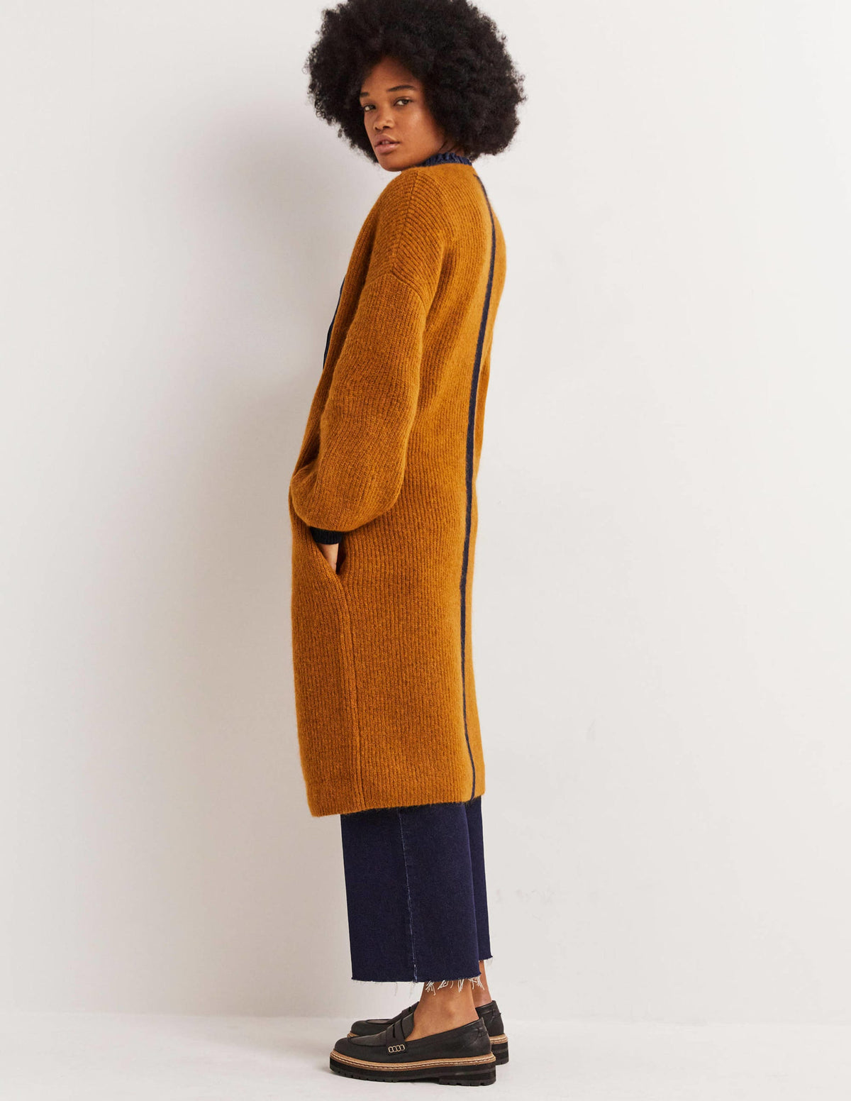 Longline Fluffy Cardigan-Butterscotch Brown, Navy-4
