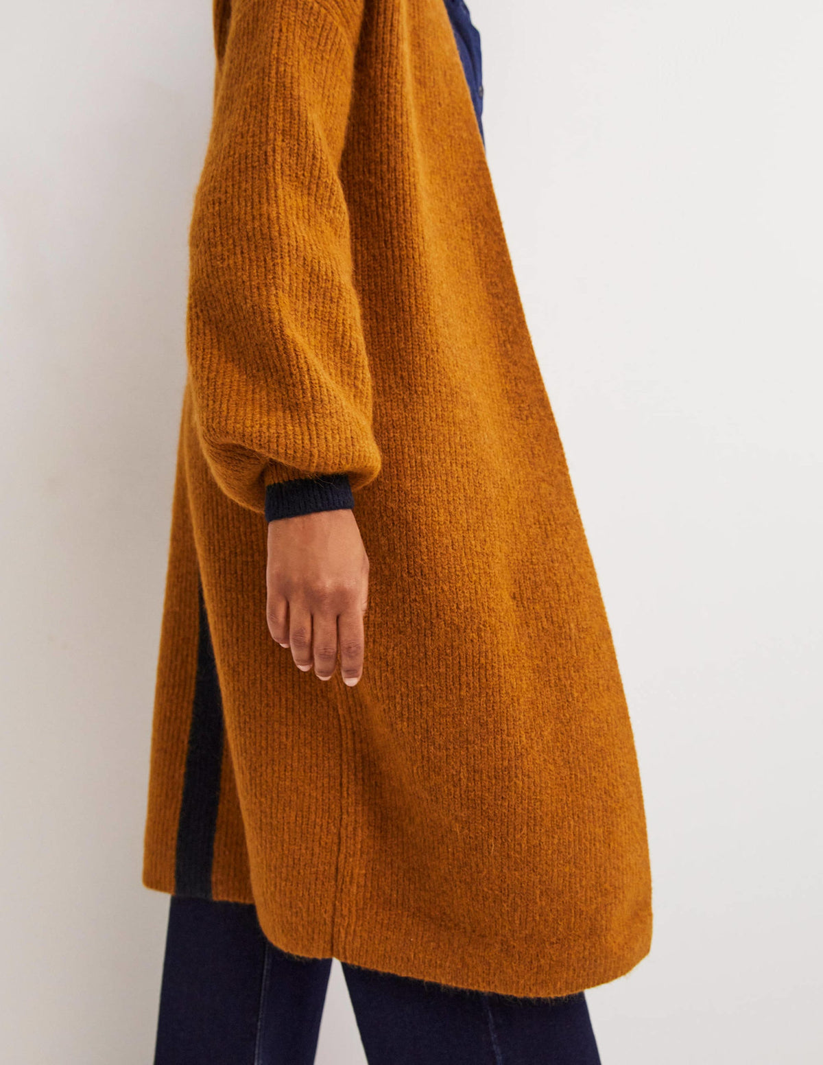 Longline Fluffy Cardigan-Butterscotch Brown, Navy-5