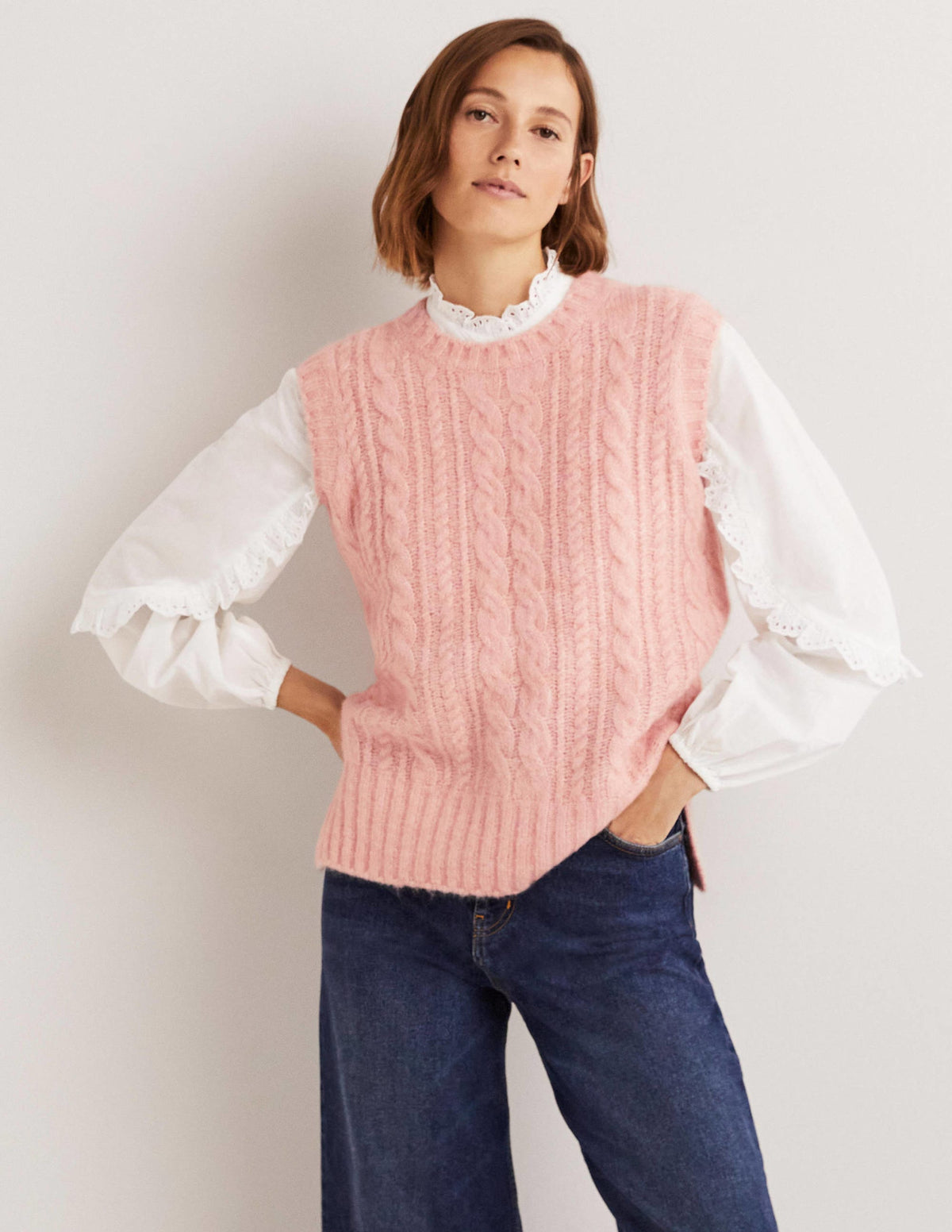 Relaxed Cable Sweater Vest-Pink Frosting - Image 1