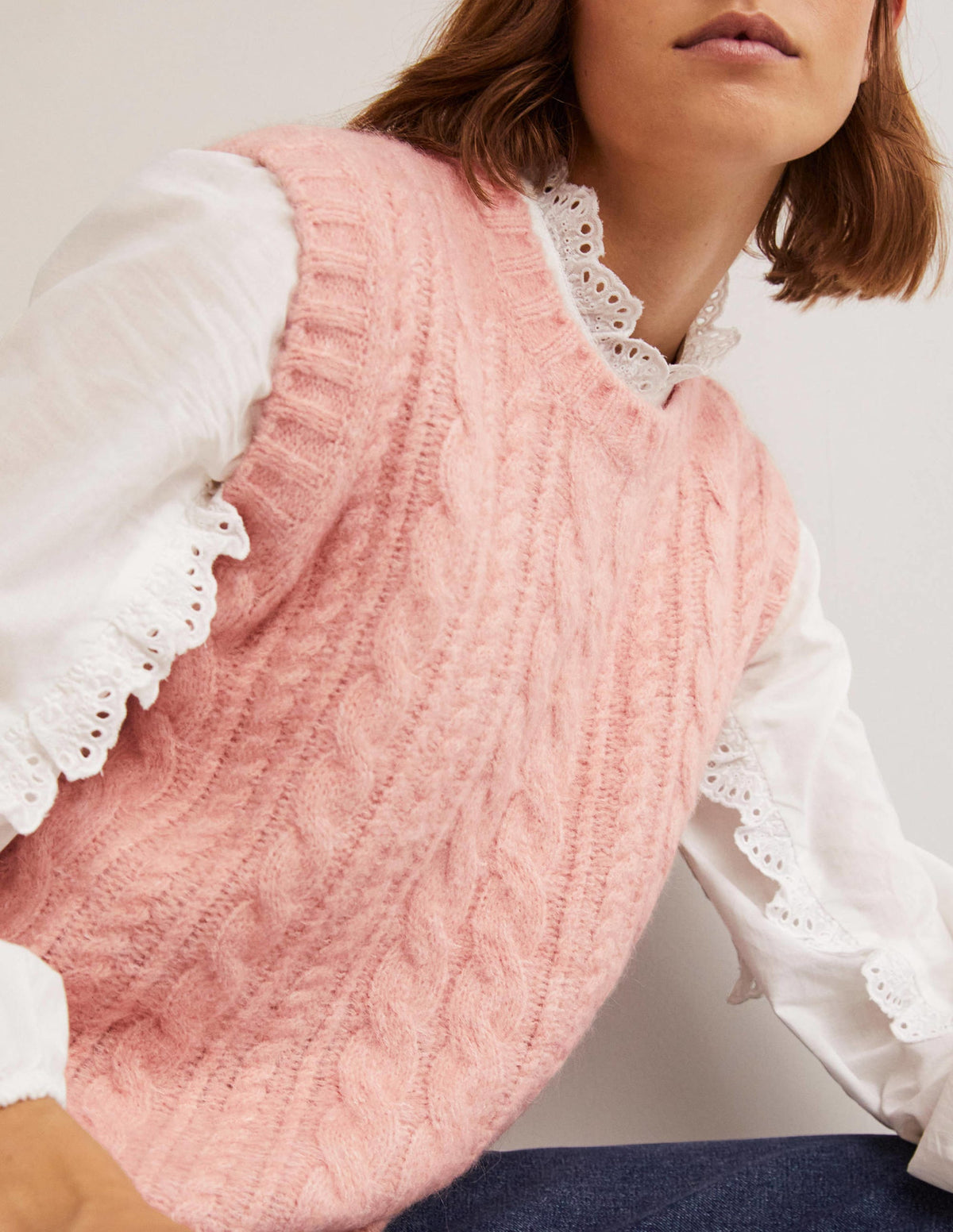 Relaxed Cable Sweater Vest-Pink Frosting - Image 2