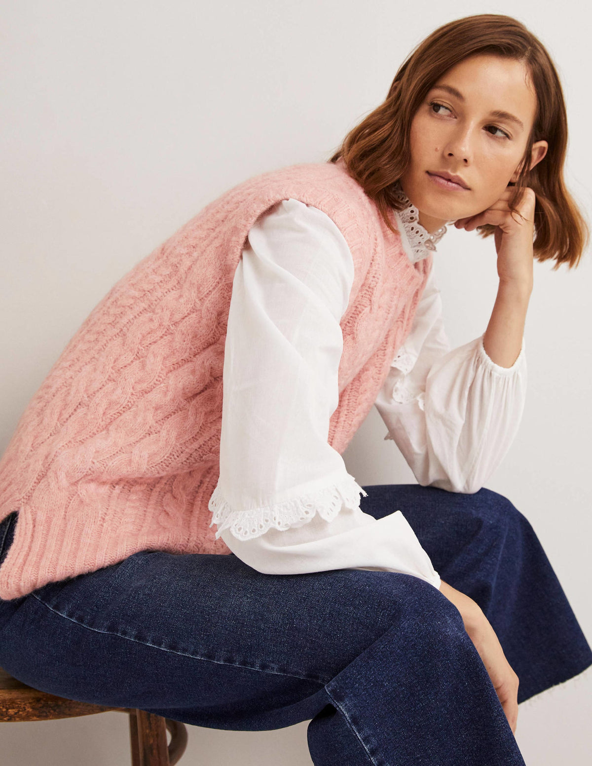 Relaxed Cable Sweater Vest-Pink Frosting - Image 4
