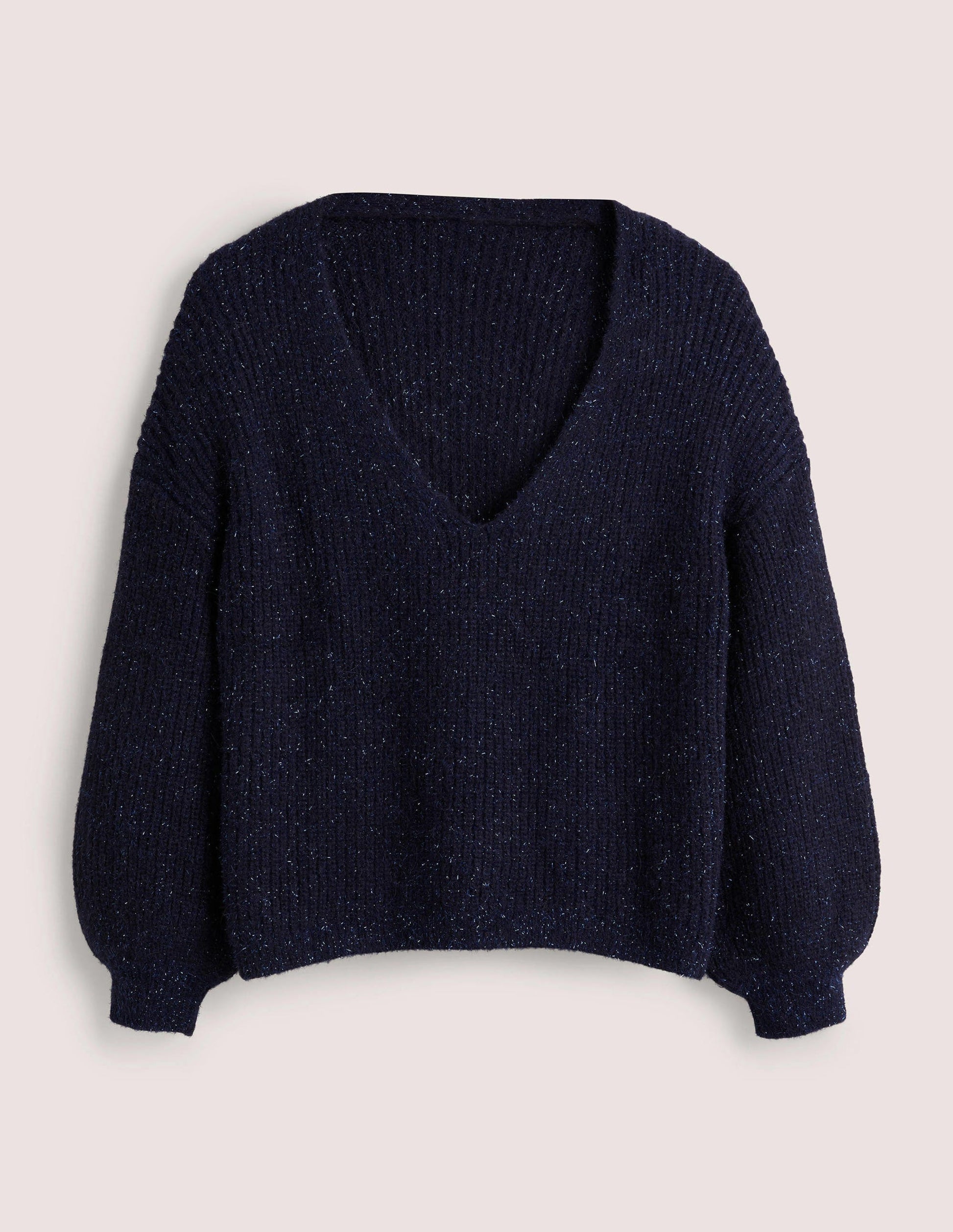 Navy Sparkle Ribbed Fluffy V-Neck Sweater-Navy Sparkle-5
