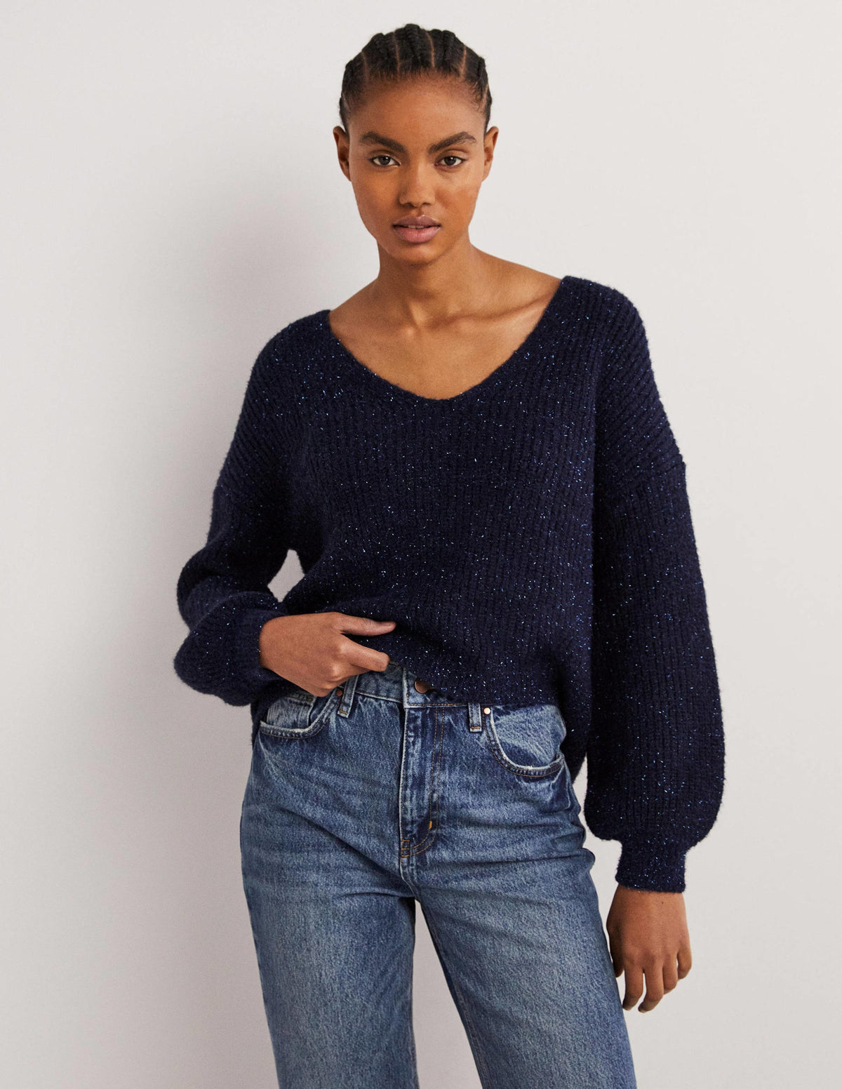 Navy Sparkle Ribbed Fluffy V-Neck Sweater-Navy Sparkle - Image 1