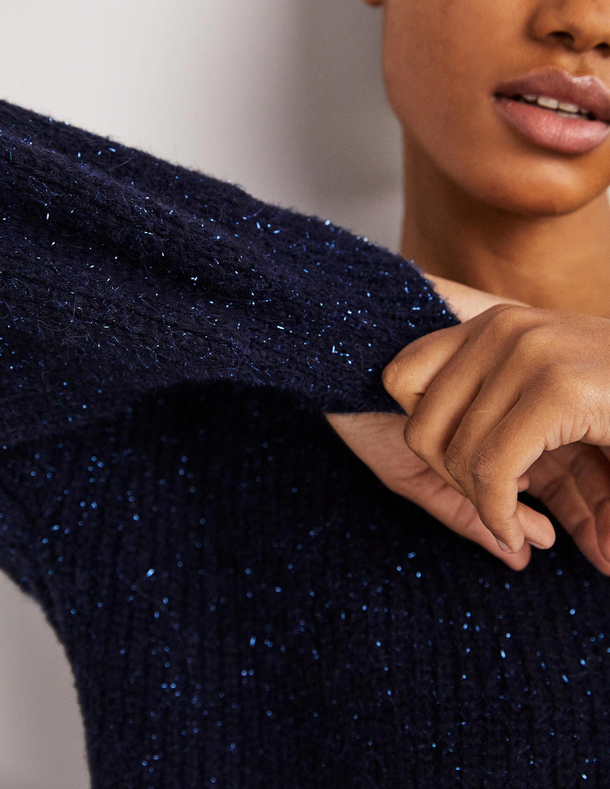 Navy Sparkle Ribbed Fluffy V-Neck Sweater-Navy Sparkle-2