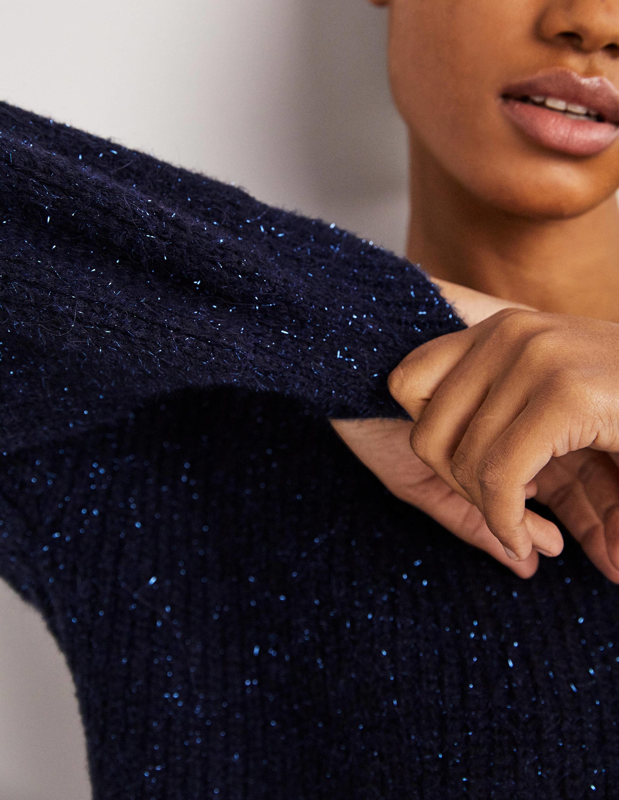 Navy Sparkle Ribbed Fluffy V-Neck Sweater-Navy Sparkle - Image 2