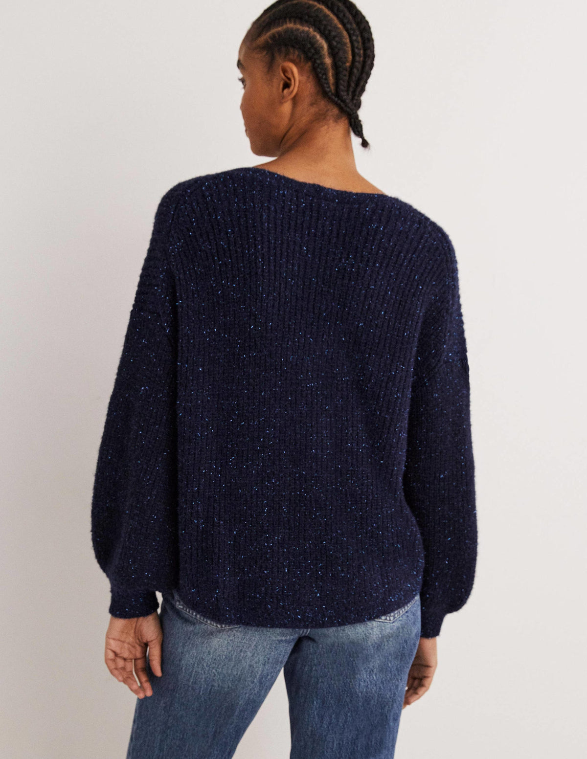Navy Sparkle Ribbed Fluffy V-Neck Sweater-Navy Sparkle - Image 3
