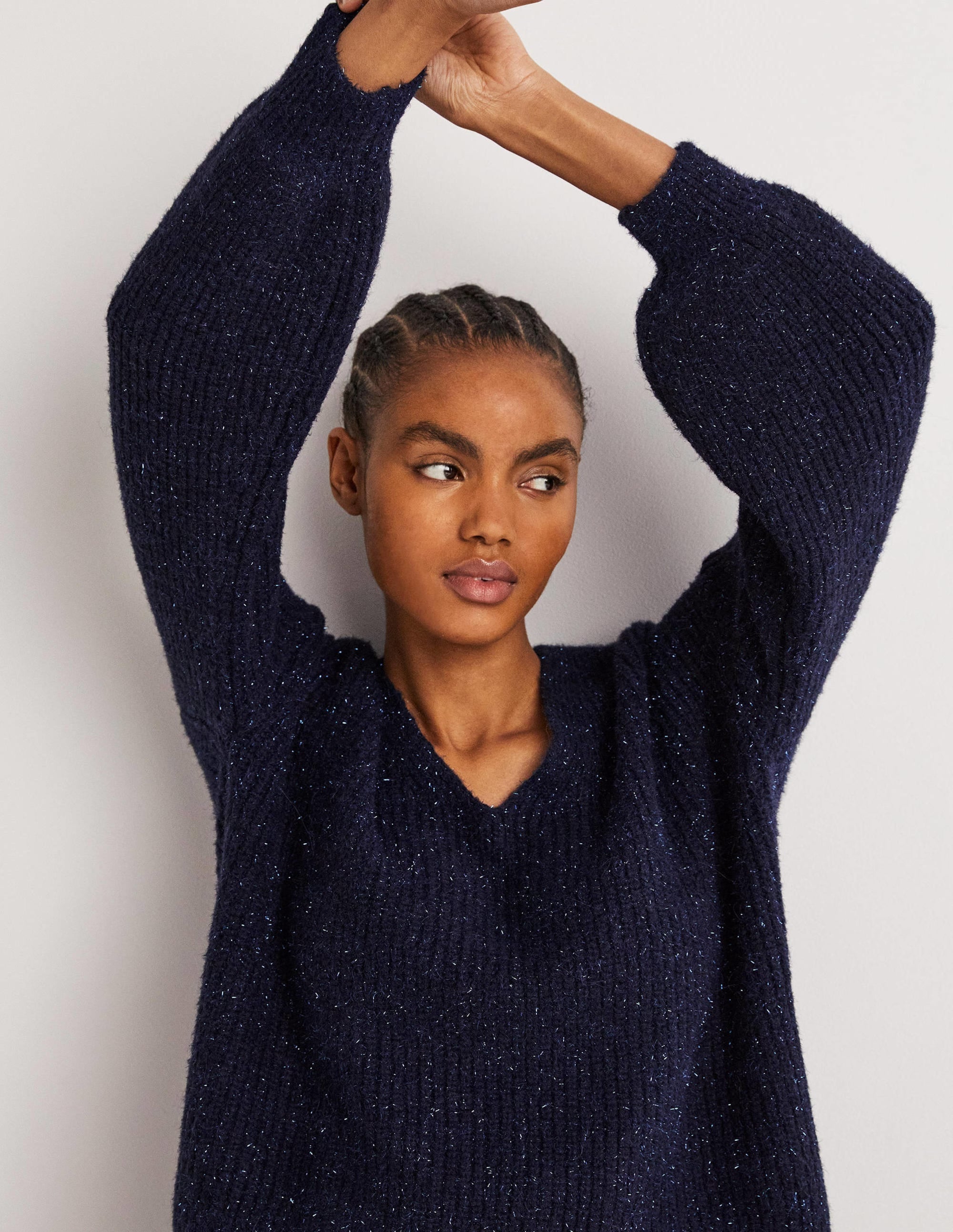 Navy Sparkle Ribbed Fluffy V-Neck Sweater-Navy Sparkle - Image 4