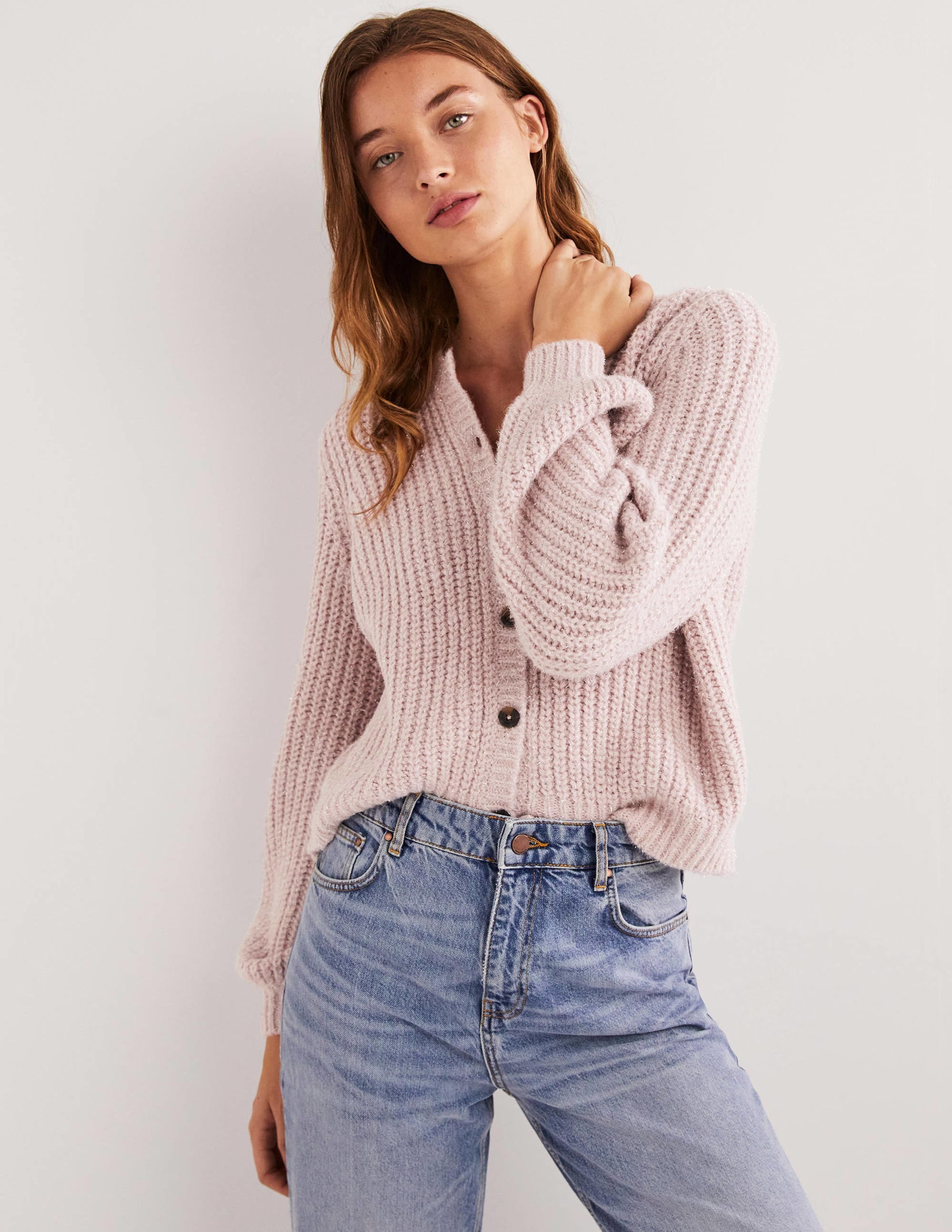 Light Pink Chunky Ribbed Fluffy Cardigan-Cameo Pink Sparkle - Image 4