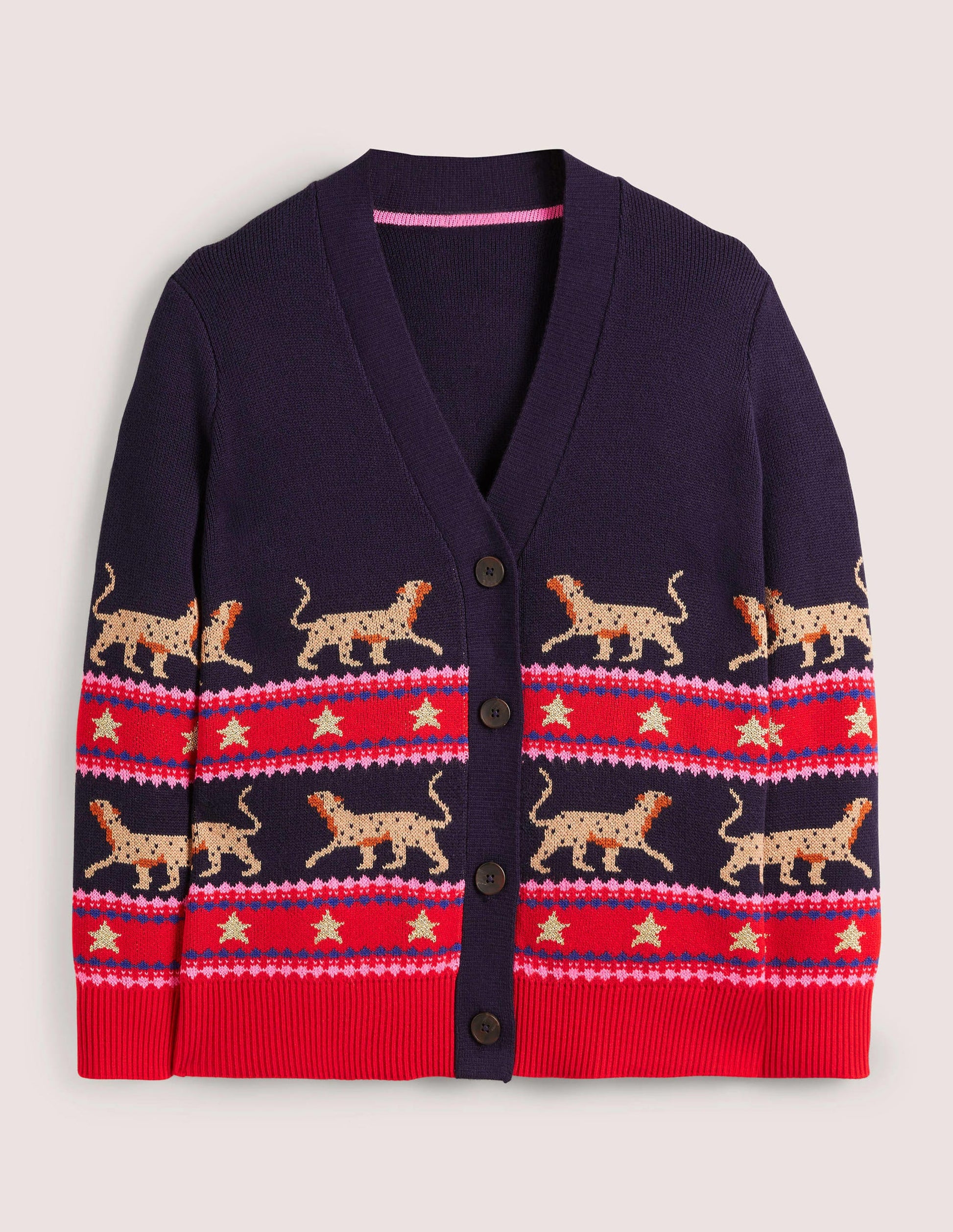 Oversized V-neck Cardigan-Navy Jacquard Leopard-5