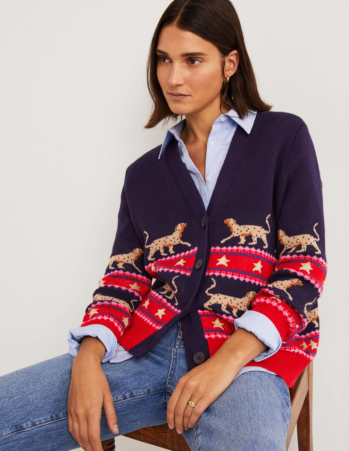 Oversized V-neck Cardigan-Navy Jacquard Leopard-1