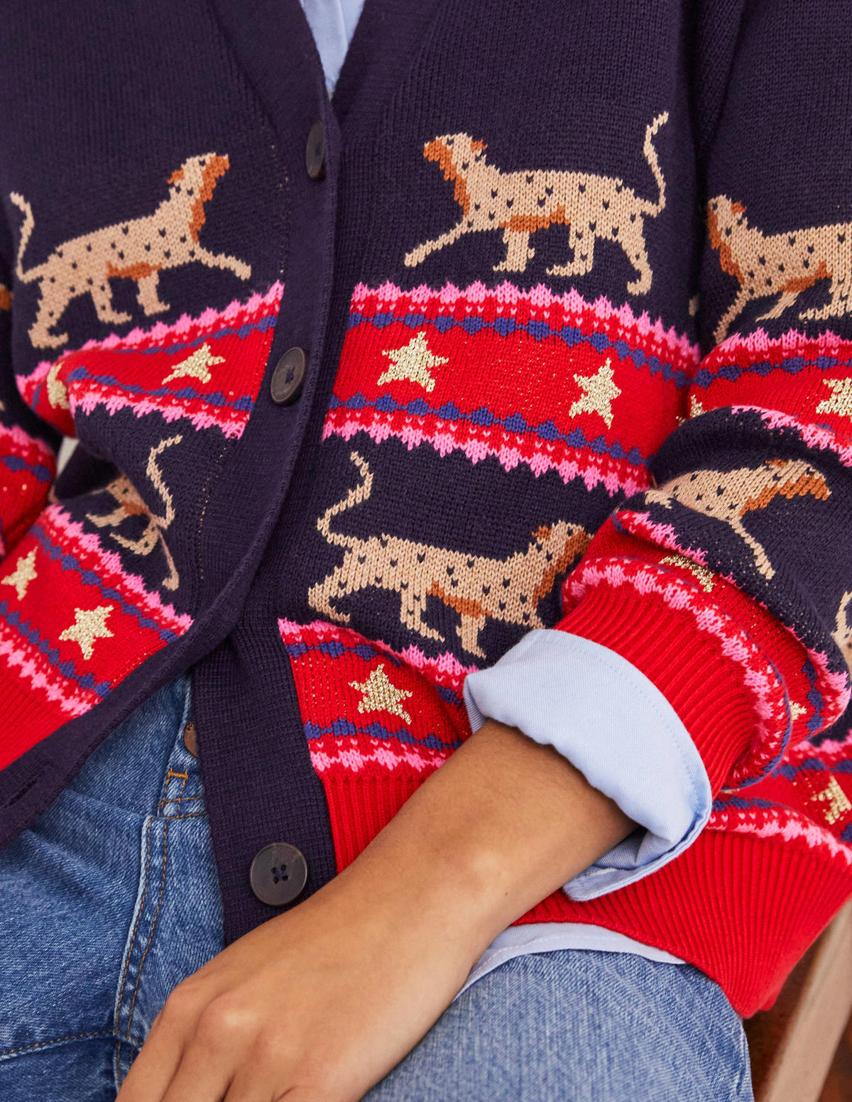 Oversized V-neck Cardigan-Navy Jacquard Leopard-2