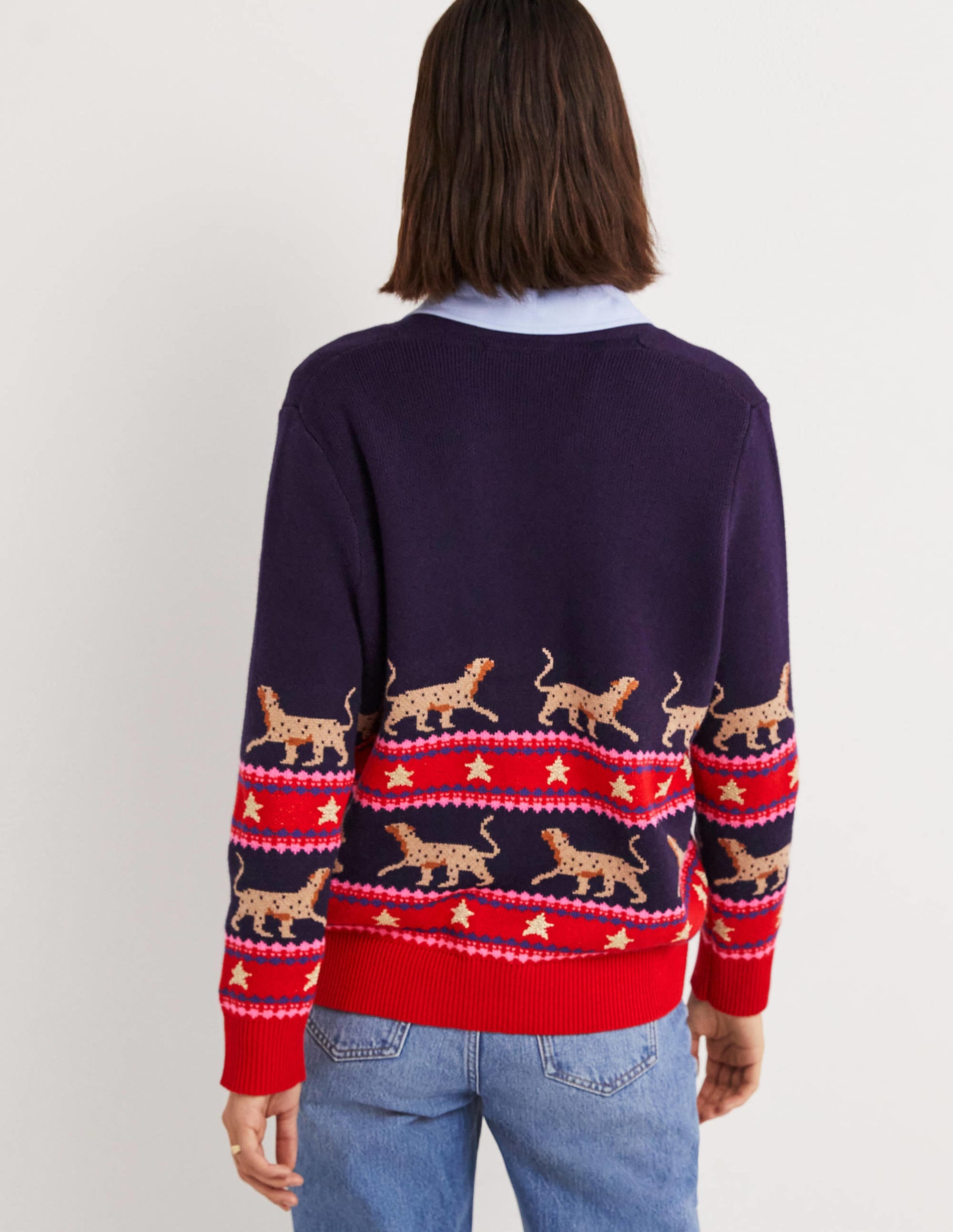 Oversized V-neck Cardigan-Navy Jacquard Leopard - Image 3
