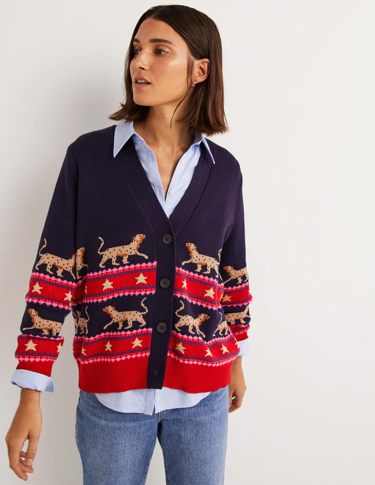 Oversized V-neck Cardigan-Navy Jacquard Leopard - Image 4