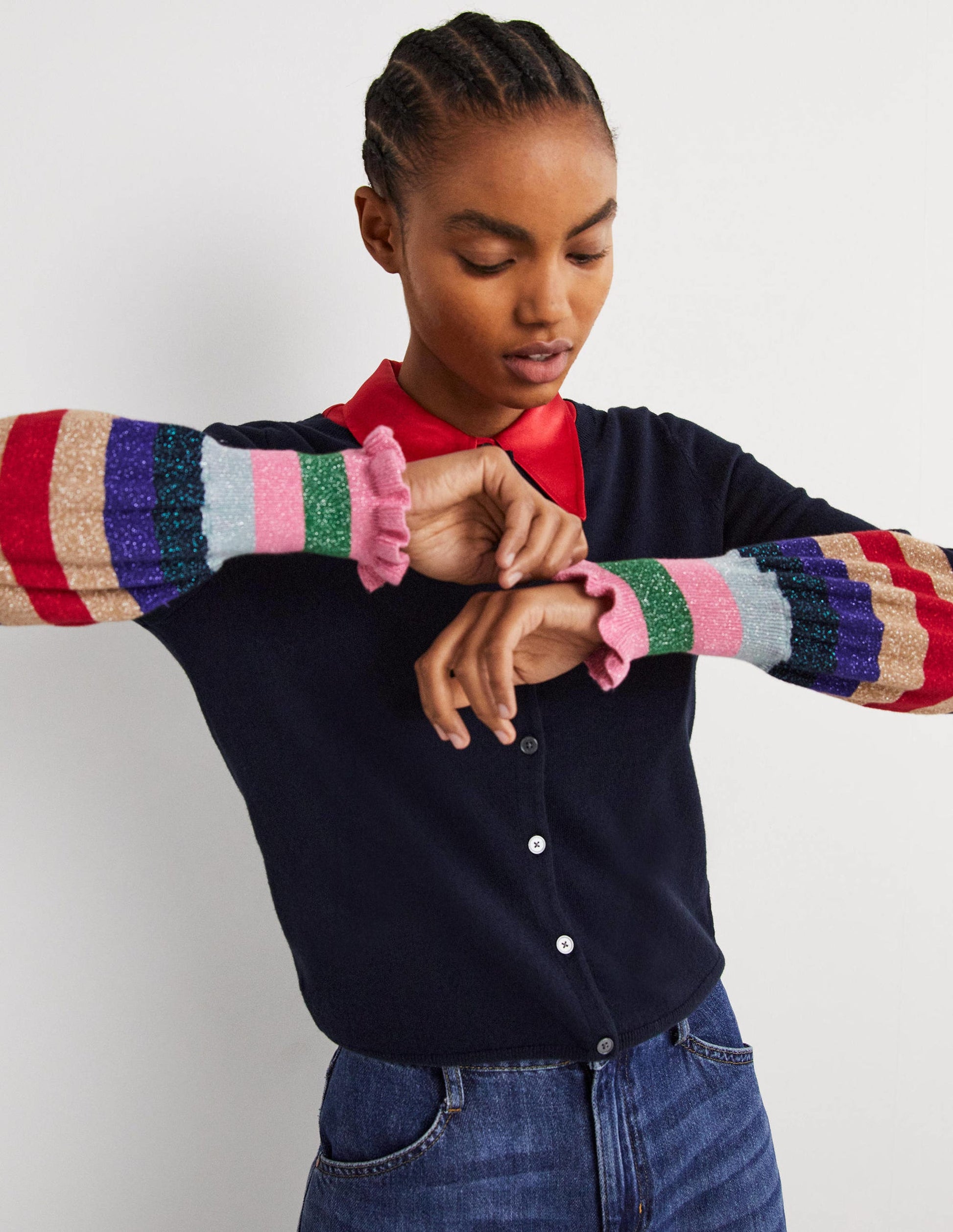 Metallic Frill Stripe Cardigan-Navy Multi Cuff-1