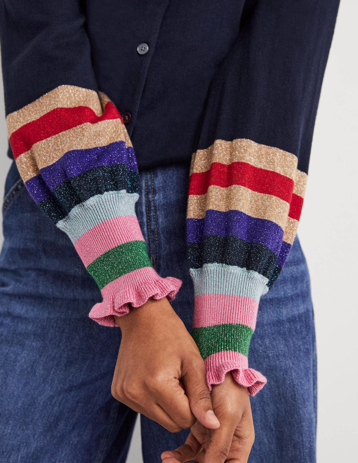 Metallic Frill Stripe Cardigan-Navy Multi Cuff - Image 2