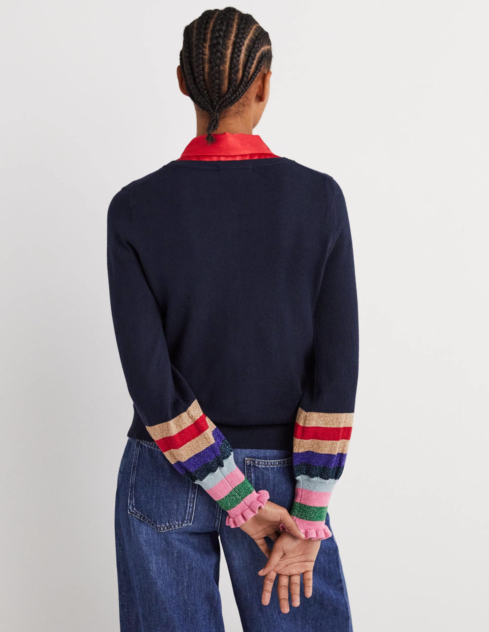 Metallic Frill Stripe Cardigan-Navy Multi Cuff - Image 3
