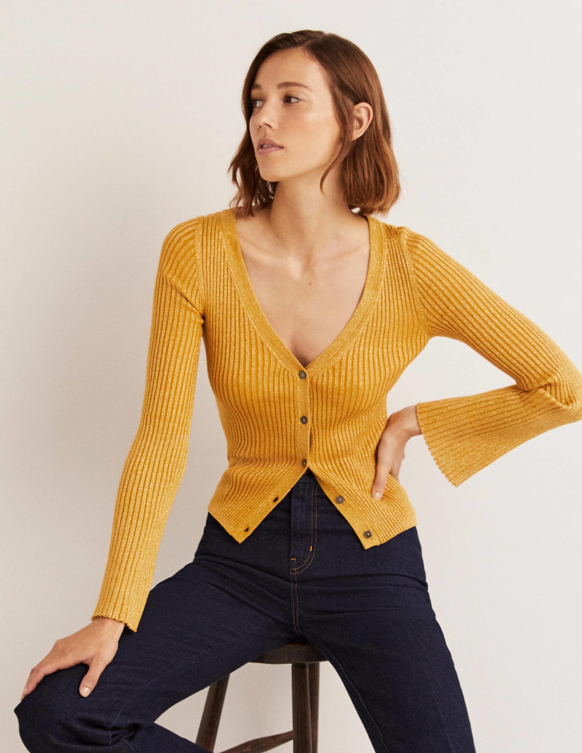 Gold Ribbed Metallic Cardigan-Gold - Image 1