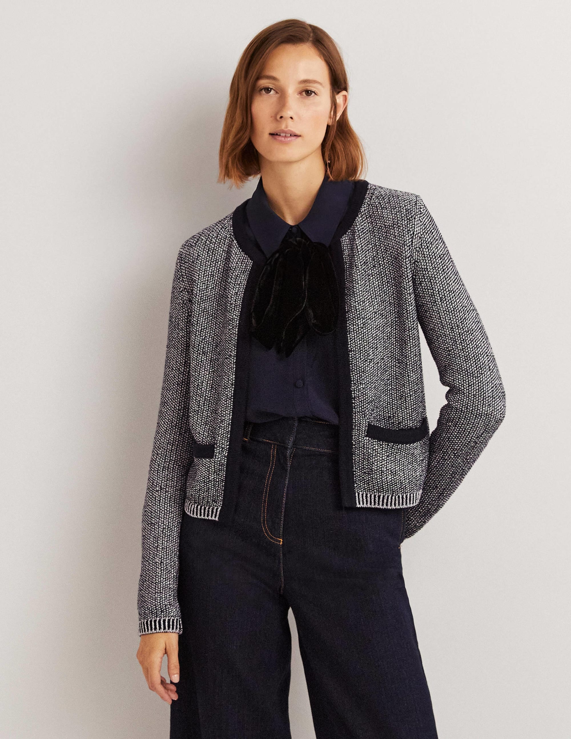 Stripe Trim Metallic Cardigan-Navy, Silver Metallic - Image 1