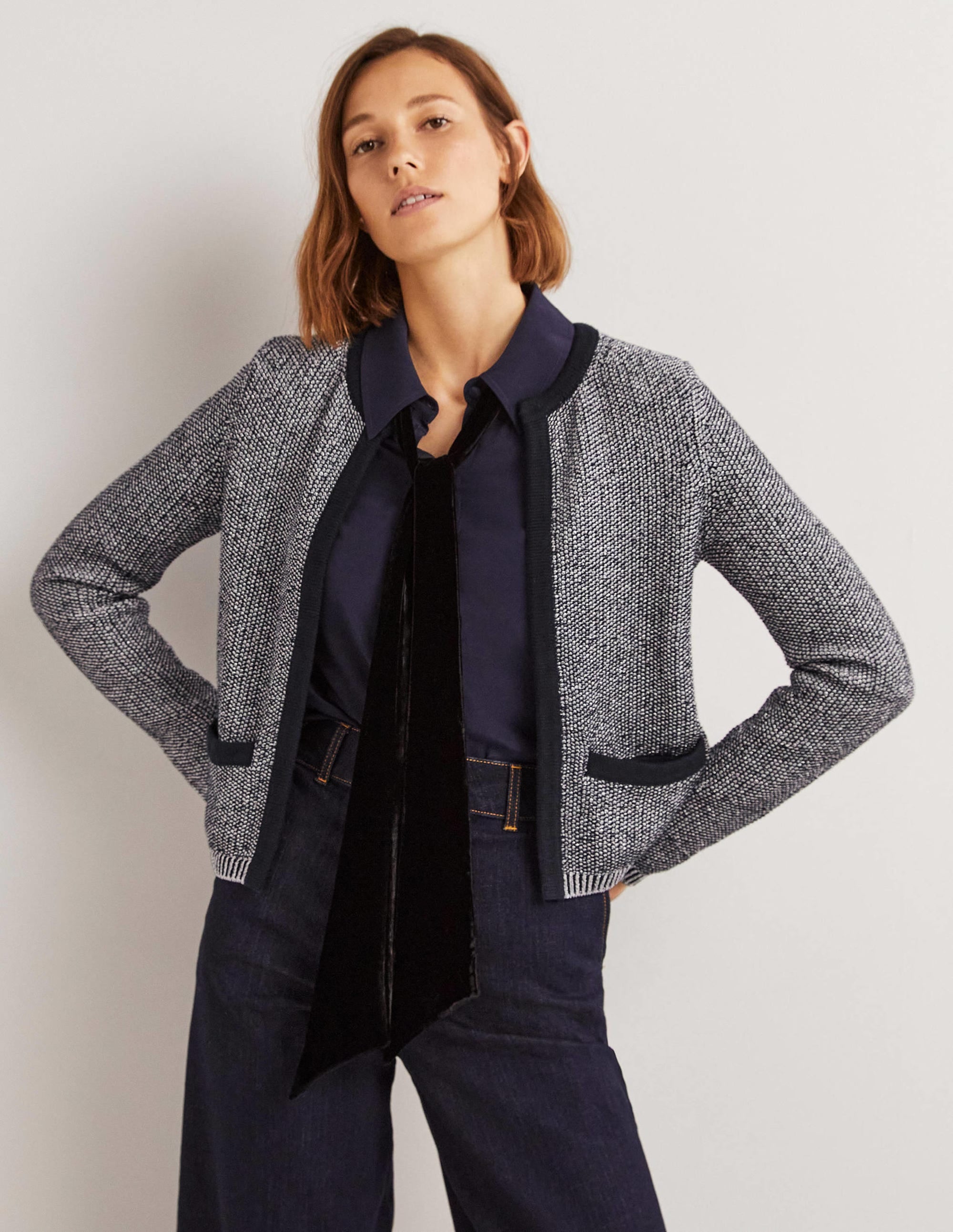 Stripe Trim Metallic Cardigan-Navy, Silver Metallic - Image 4