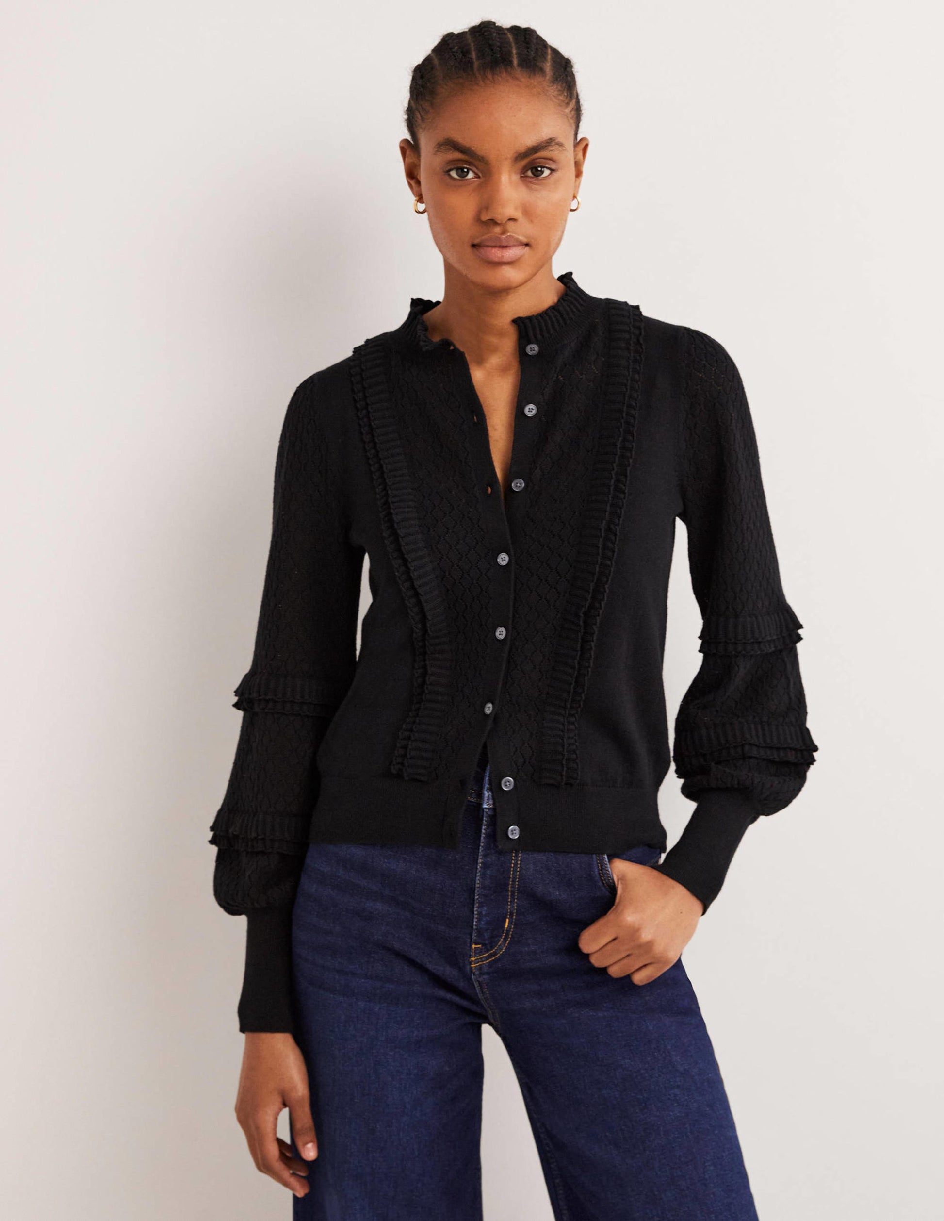 Pointelle Frill Cardigan-Black-1