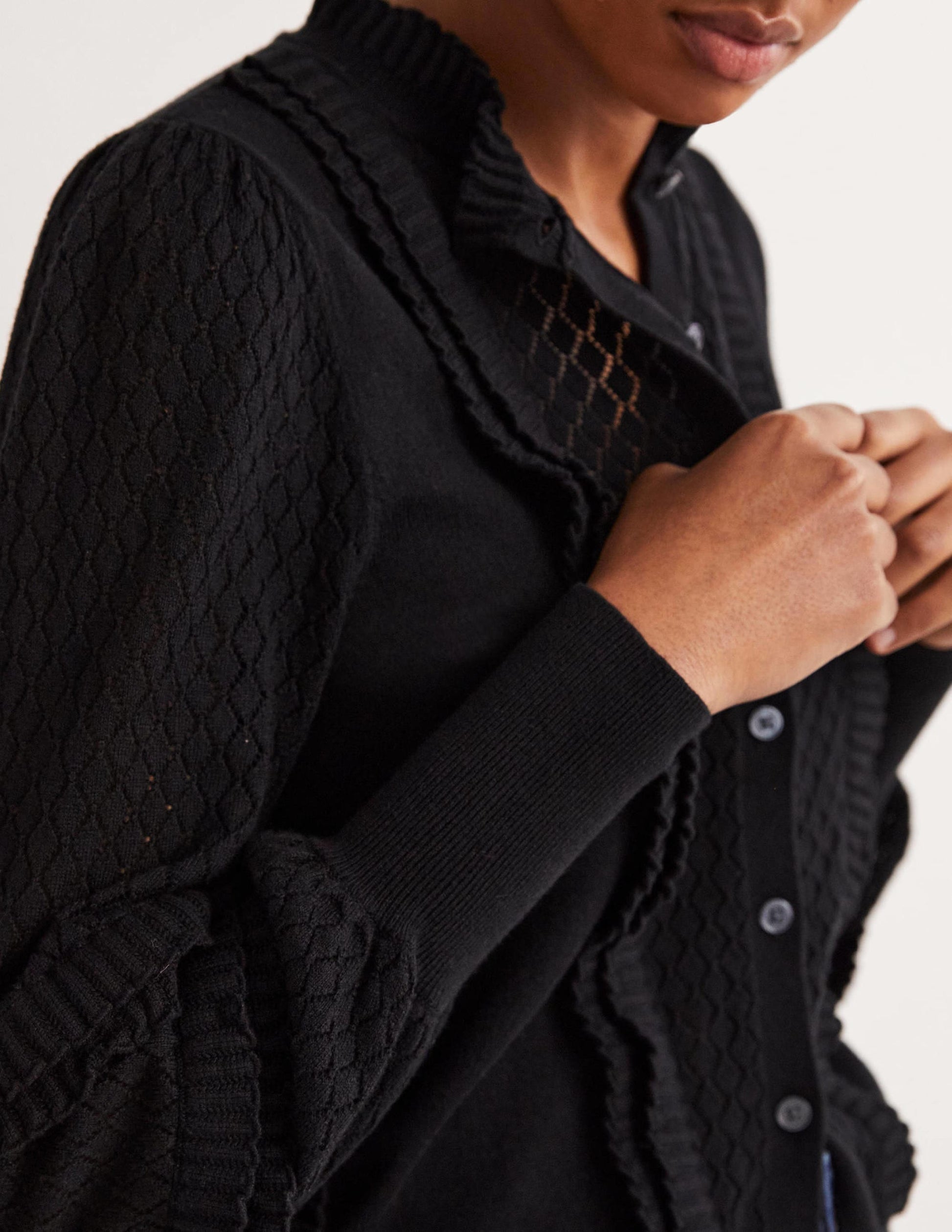Pointelle Frill Cardigan-Black-2