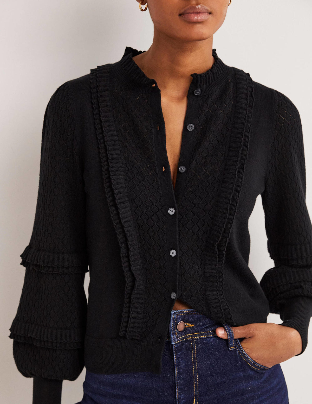 Pointelle Frill Cardigan-Black-4
