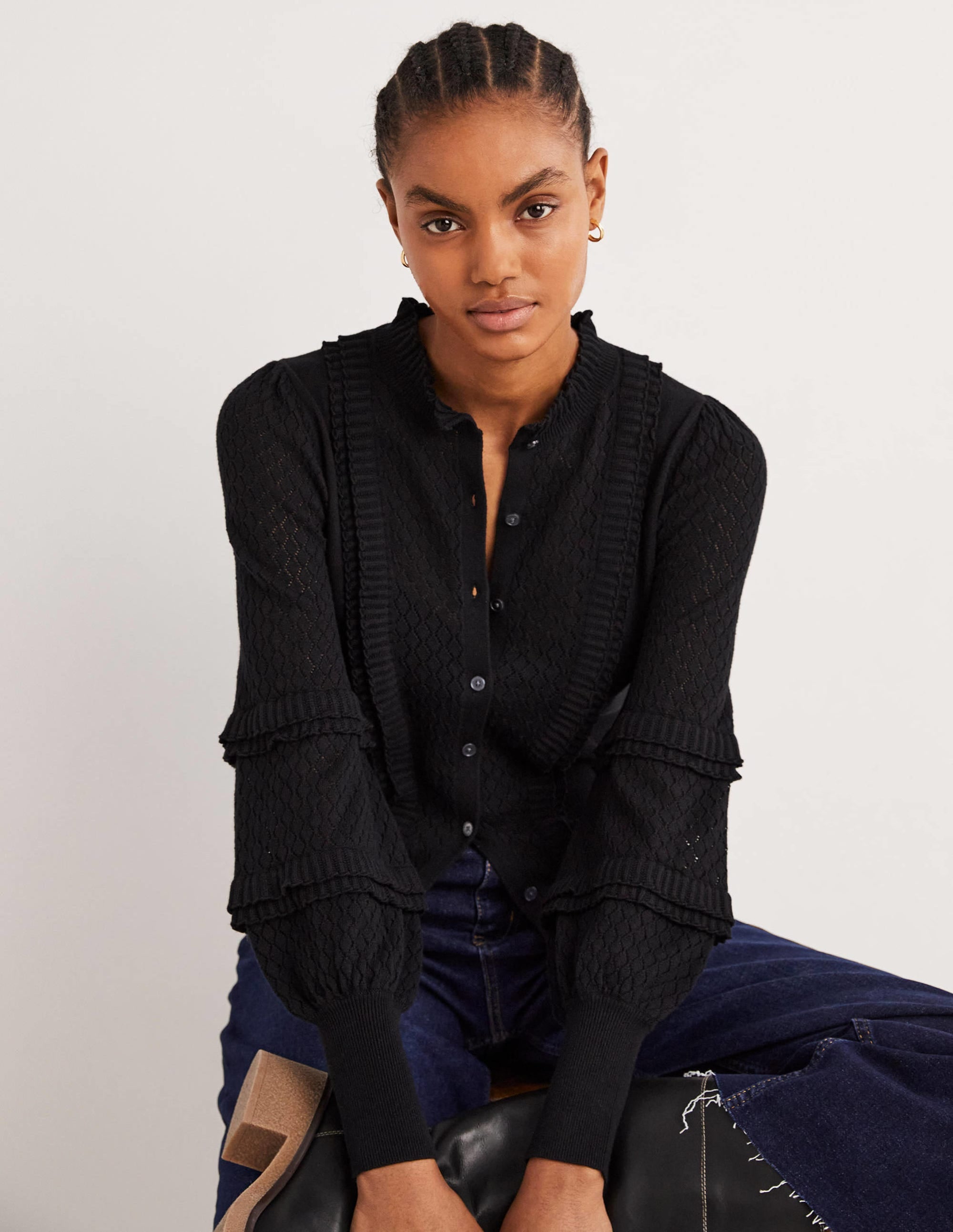 Pointelle Frill Cardigan-Black - Image 5