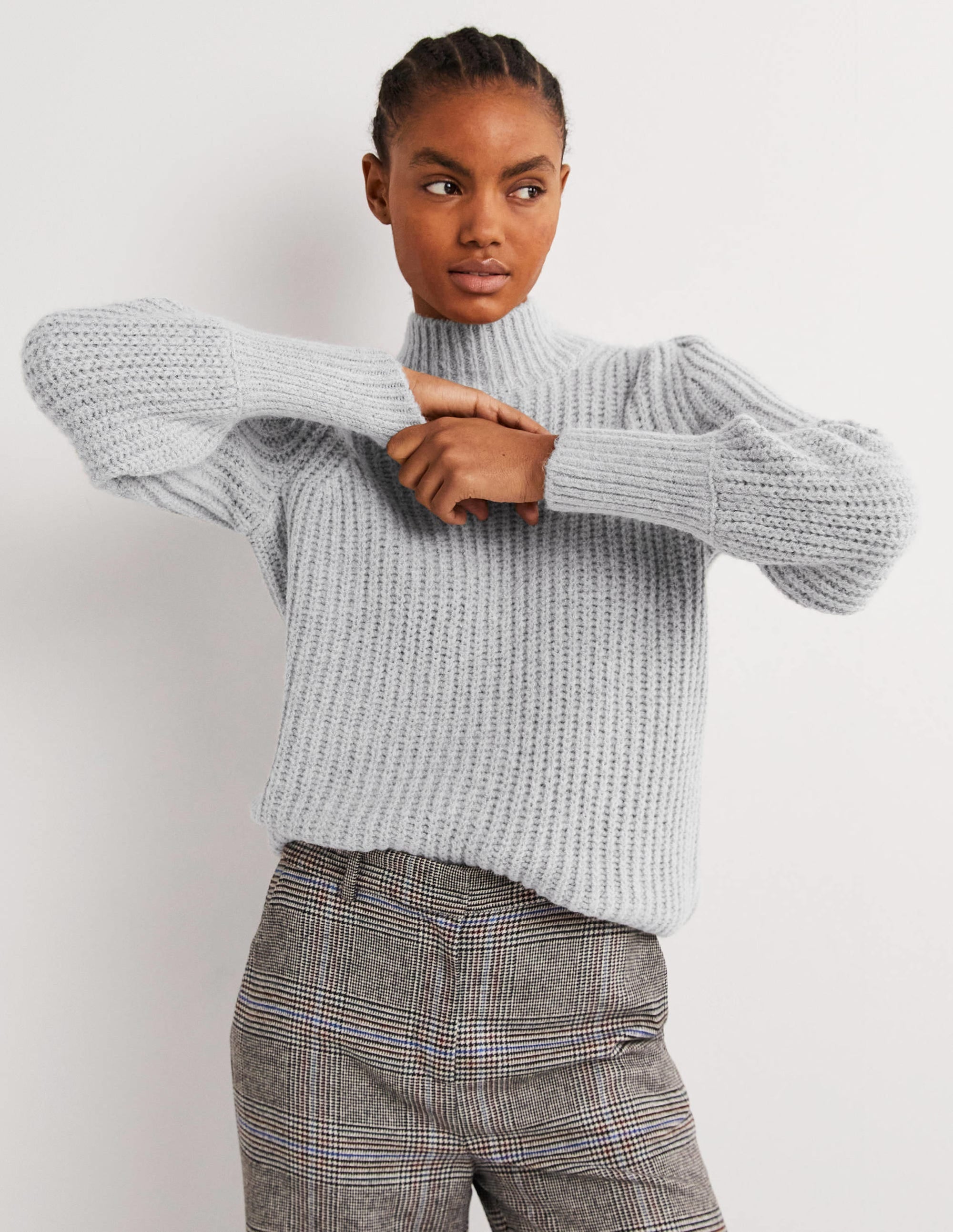 Ribbed Fluffy High Neck Jumper-Grey Melange - Image 1