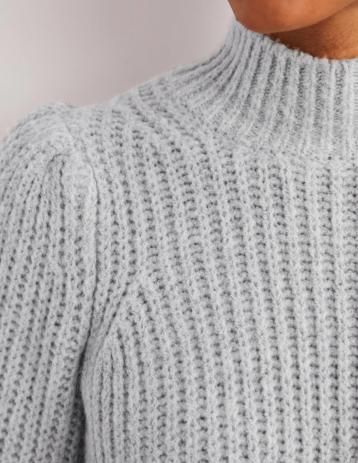 Ribbed Fluffy High Neck Jumper-Grey Melange - Image 2