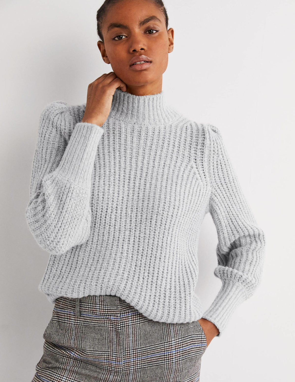 Ribbed Fluffy High Neck Jumper-Grey Melange-4