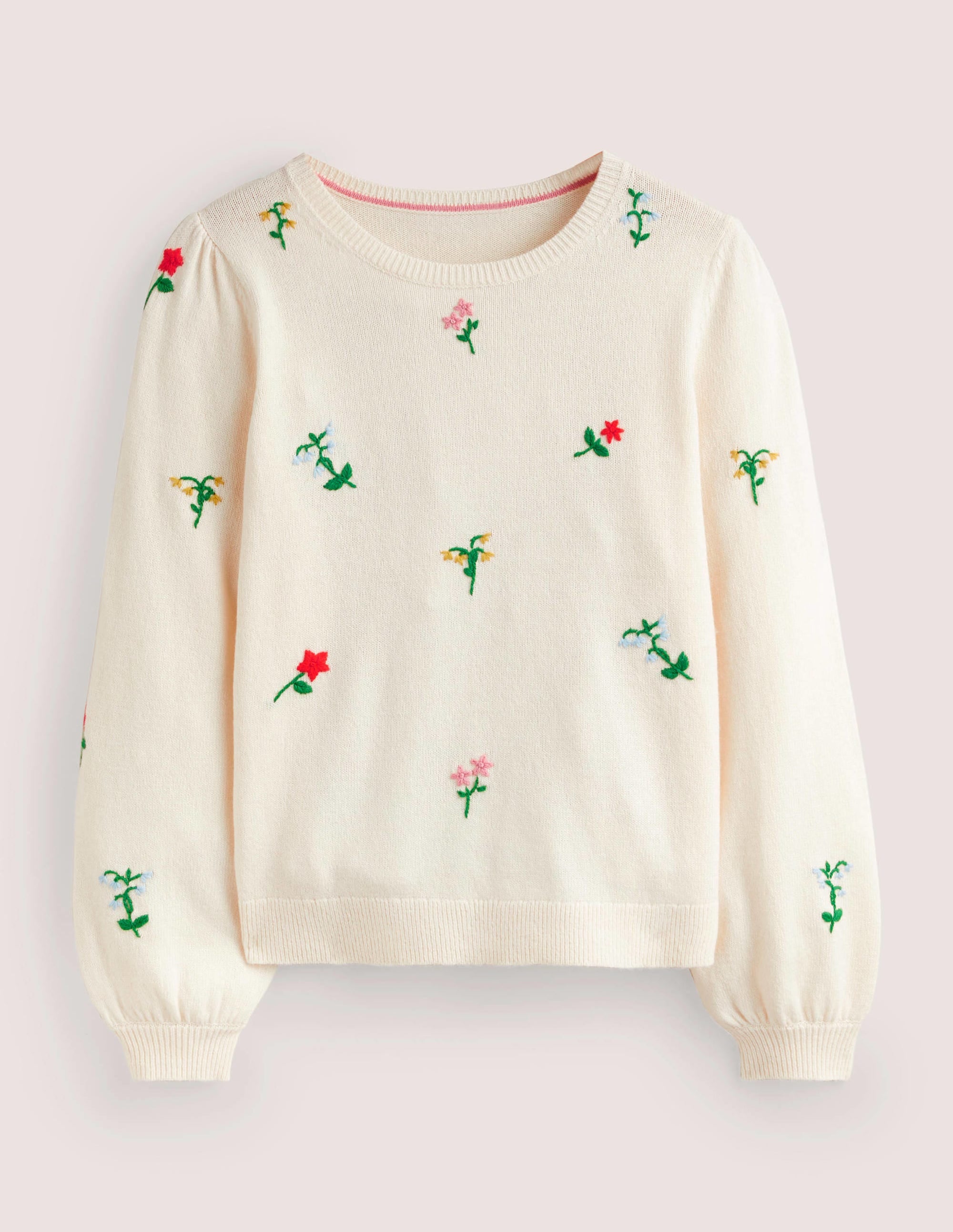 Embroidered Knitted Sweater-Warm Ivory, Flower Embroidery - Image 6