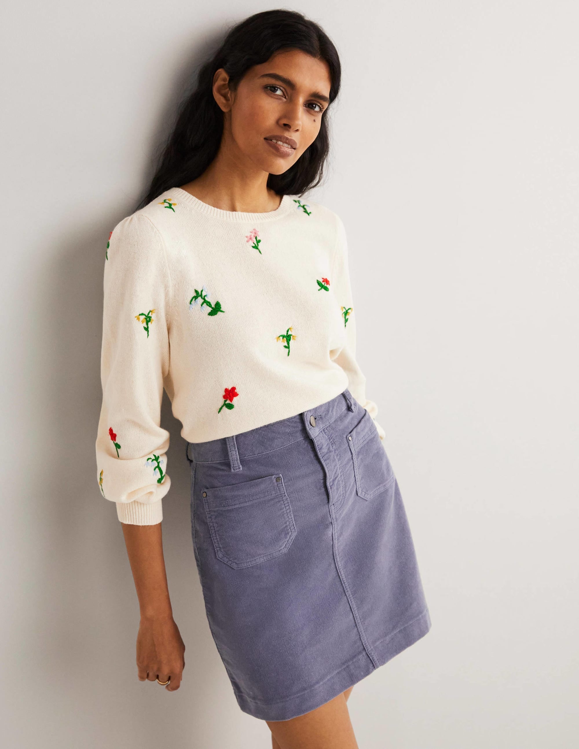 Embroidered Knitted Sweater-Warm Ivory, Flower Embroidery - Image 1