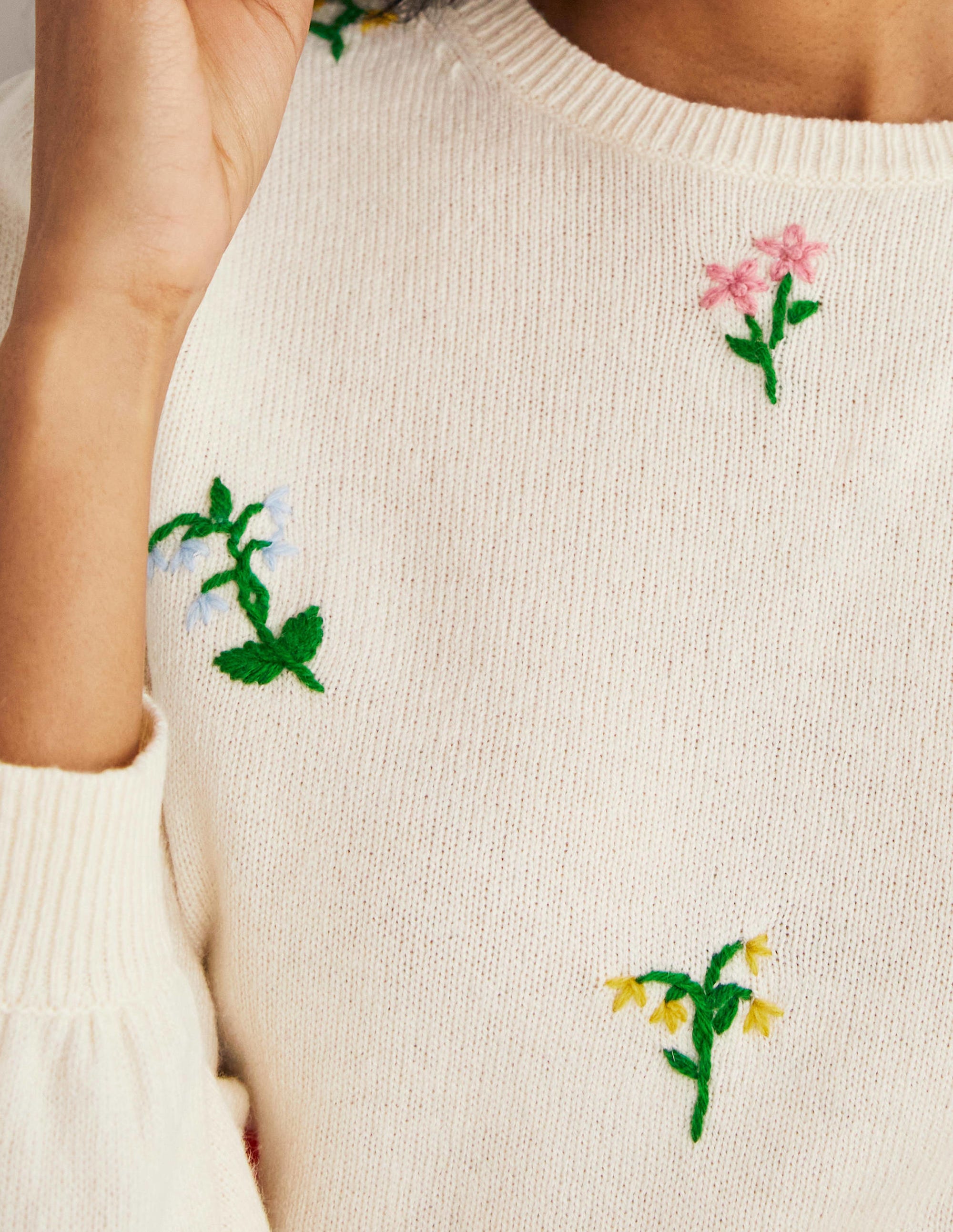 Embroidered Knitted Sweater-Warm Ivory, Flower Embroidery - Image 2